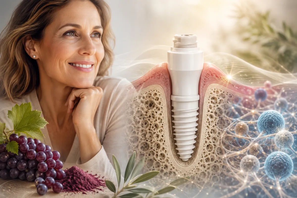 Donna sorridente over 40 accanto a un impianto dentale ceramico integrato nell’osso, con rappresentazione artistica della rigenerazione ossea e delle proprietà biologiche del resveratrolo.