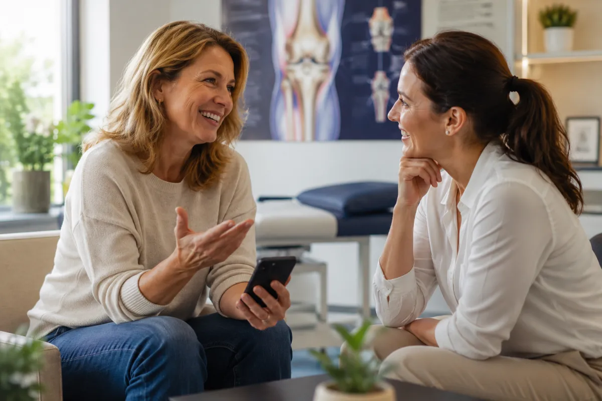 Due donne sorridono e condividono la loro esperienza terapeutica in una moderna clinica di medicina rigenerativa.