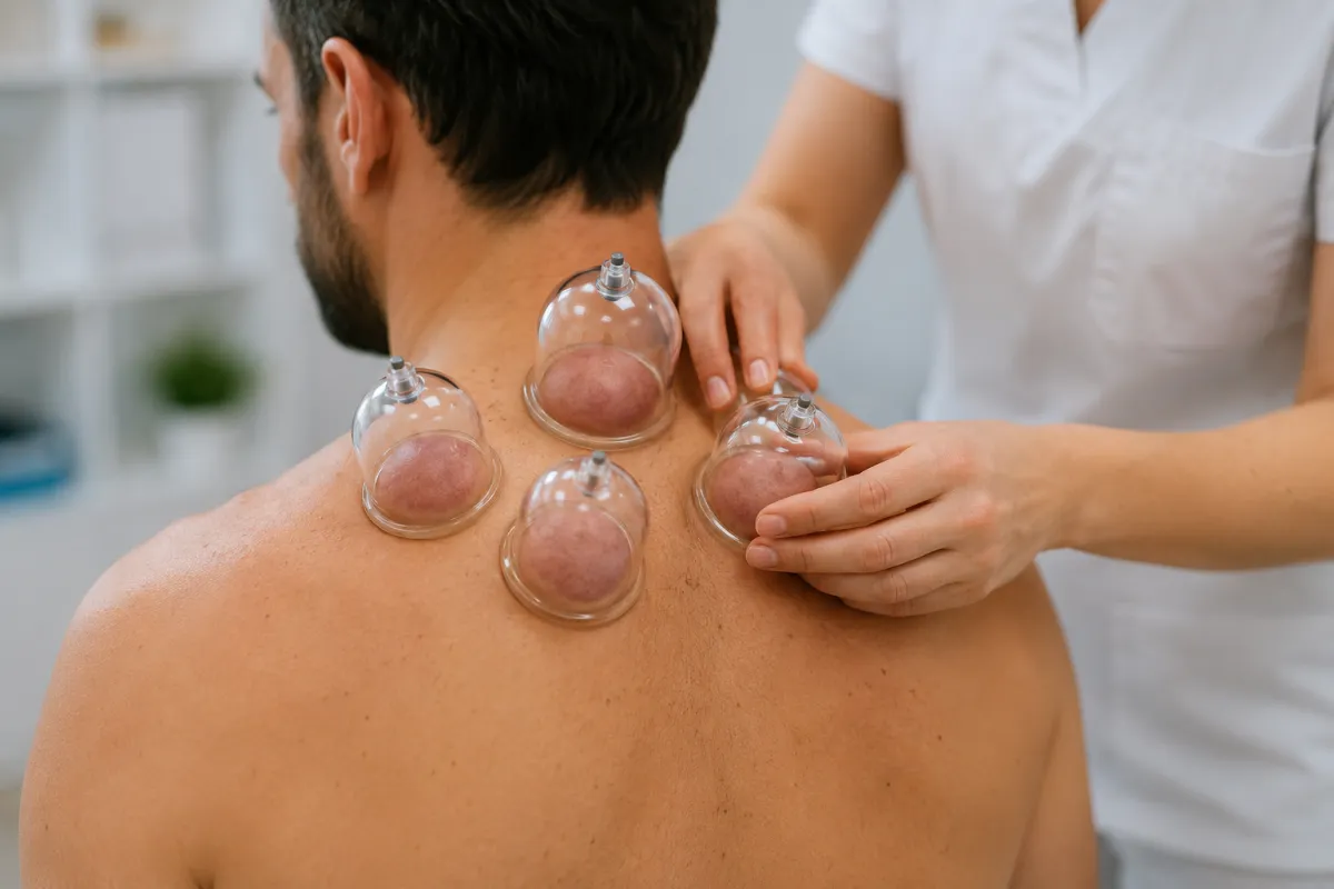 Seduta di Cupping Therapy sulla spalla e sulla parte superiore della schiena di un paziente adulto. Coppette trasparenti applicate mediante effetto sottovuoto per favorire la riduzione del dolore muscolare, migliorare la circolazione locale e supportare i processi di guarigione naturale in un ambiente clinico professionale
