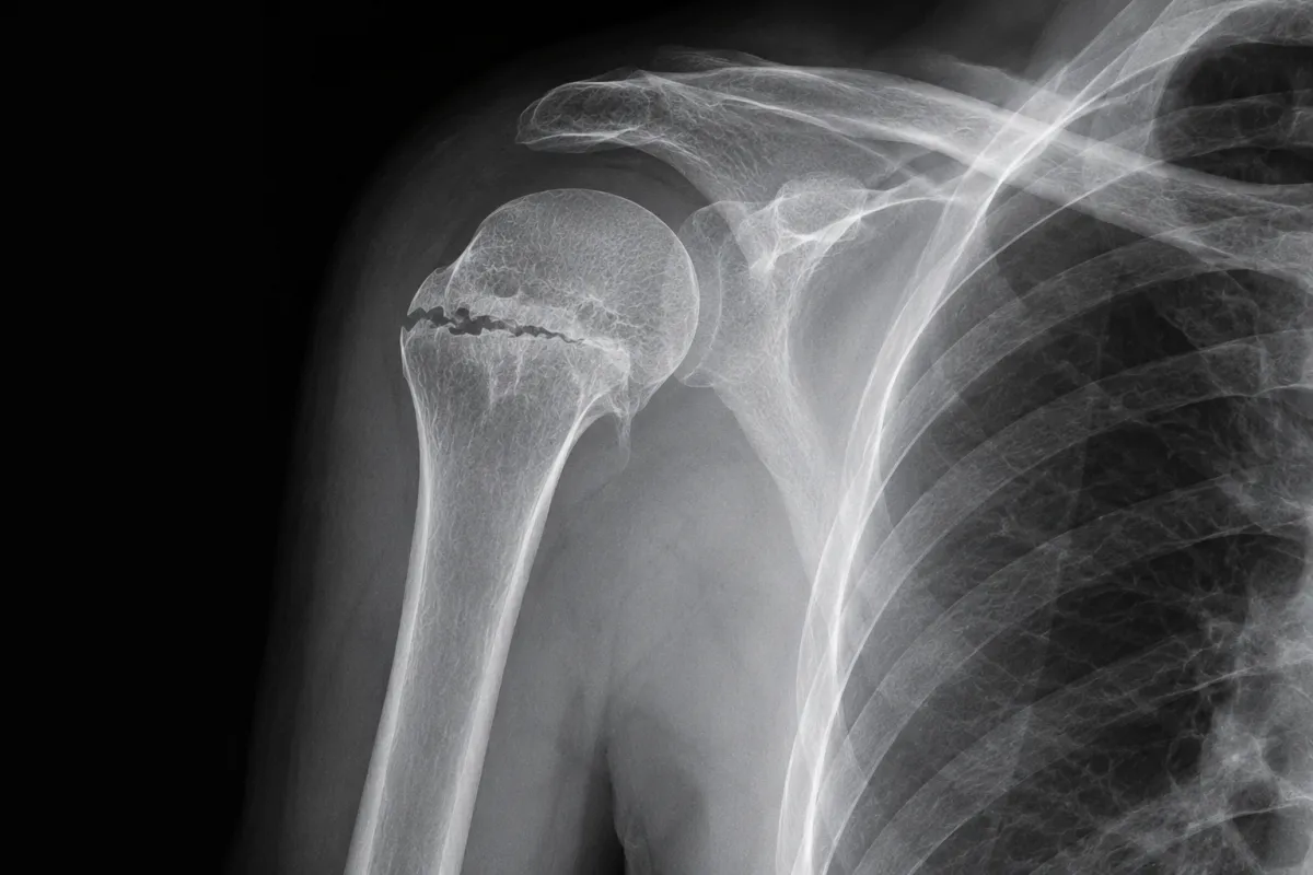 Radiografia della spalla destra di una donna anziana con frattura composta della testa dell'omero prossimale dopo caduta accidentale. Immagine diagnostica ortopedica che evidenzia una frattura stabile dell'omero in paziente geriatrica.
