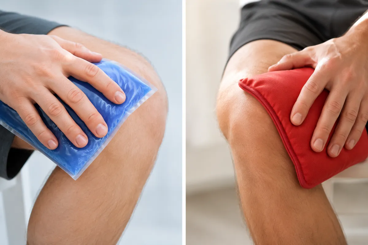 Impacco freddo e impacco caldo applicati sul ginocchio in una comparazione visiva. A sinistra una borsa del ghiaccio per ridurre infiammazione e gonfiore, a destra un impacco caldo per rilassare i muscoli e migliorare la mobilità articolare.