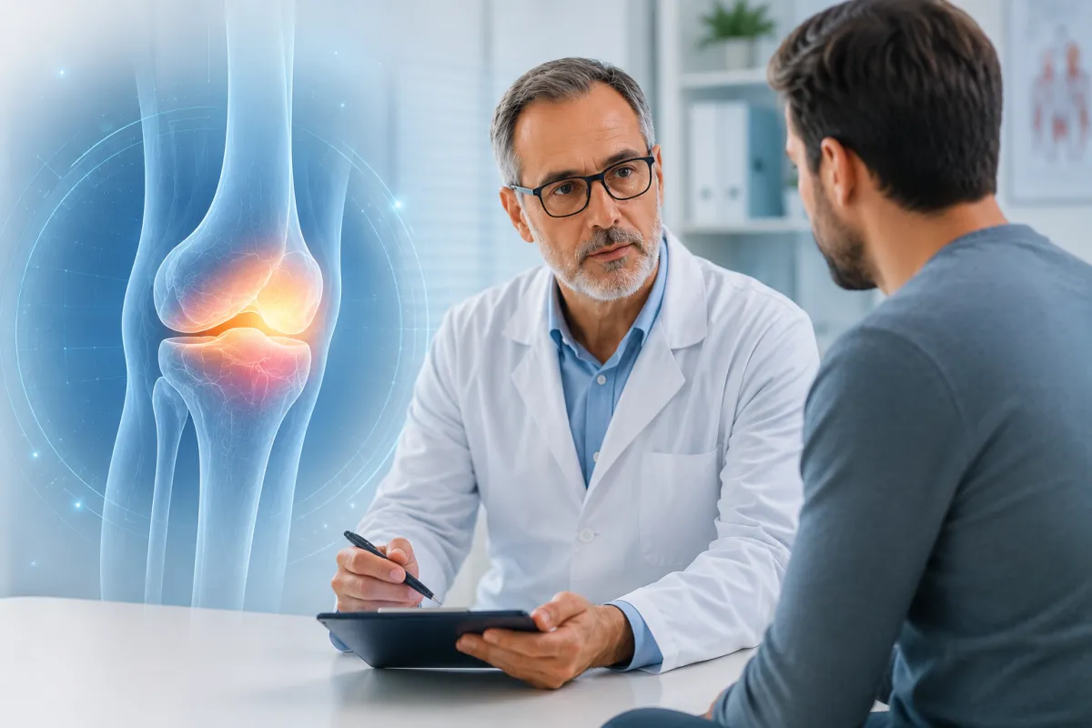 Medico specialista che valuta un paziente durante una consulenza di medicina rigenerativa, con rappresentazione digitale dell'articolazione del ginocchio. L'immagine simboleggia la selezione del candidato ideale per trattamenti rigenerativi finalizzati a evitare o rimandare la chirurgia protesica.