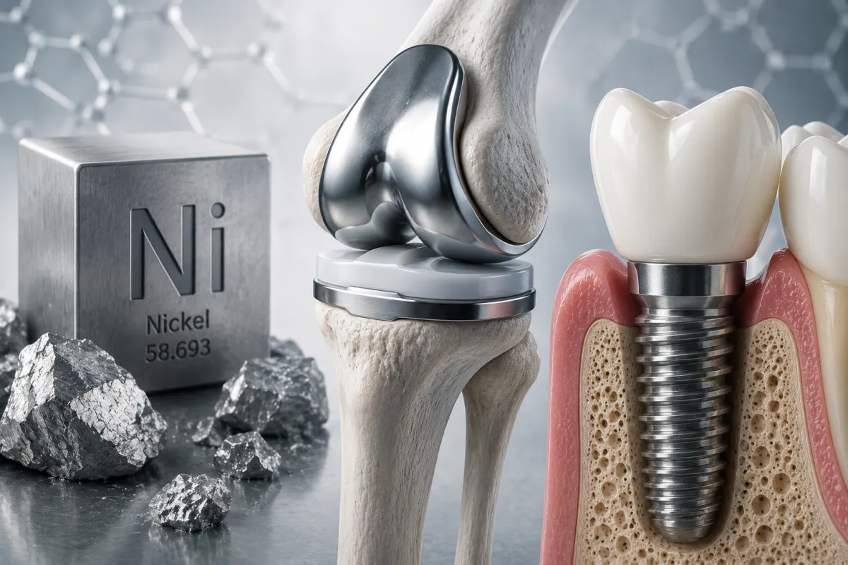 Illustrazione medica professionale che raffigura il rapporto tra nichel e dispositivi impiantabili. In primo piano sono visibili un impianto dentale osteointegrato e una protesi articolare del ginocchio, affiancati da un campione di nichel metallico. Lo sfondo presenta una grafica scientifica con strutture molecolari, evocando i temi della biocompatibilità, delle allergie ai metalli e della sicurezza dei materiali utilizzati in implantologia e ortopedia. Stile fotorealistico, colori freddi e atmosfera clinica.