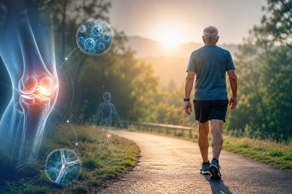 Paziente con artrosi del ginocchio che cammina durante la riabilitazione dopo trattamento TibiaSTEM con cellule staminali mesenchimali, simbolo di recupero articolare, rigenerazione biologica e miglioramento della funzionalità motoria.