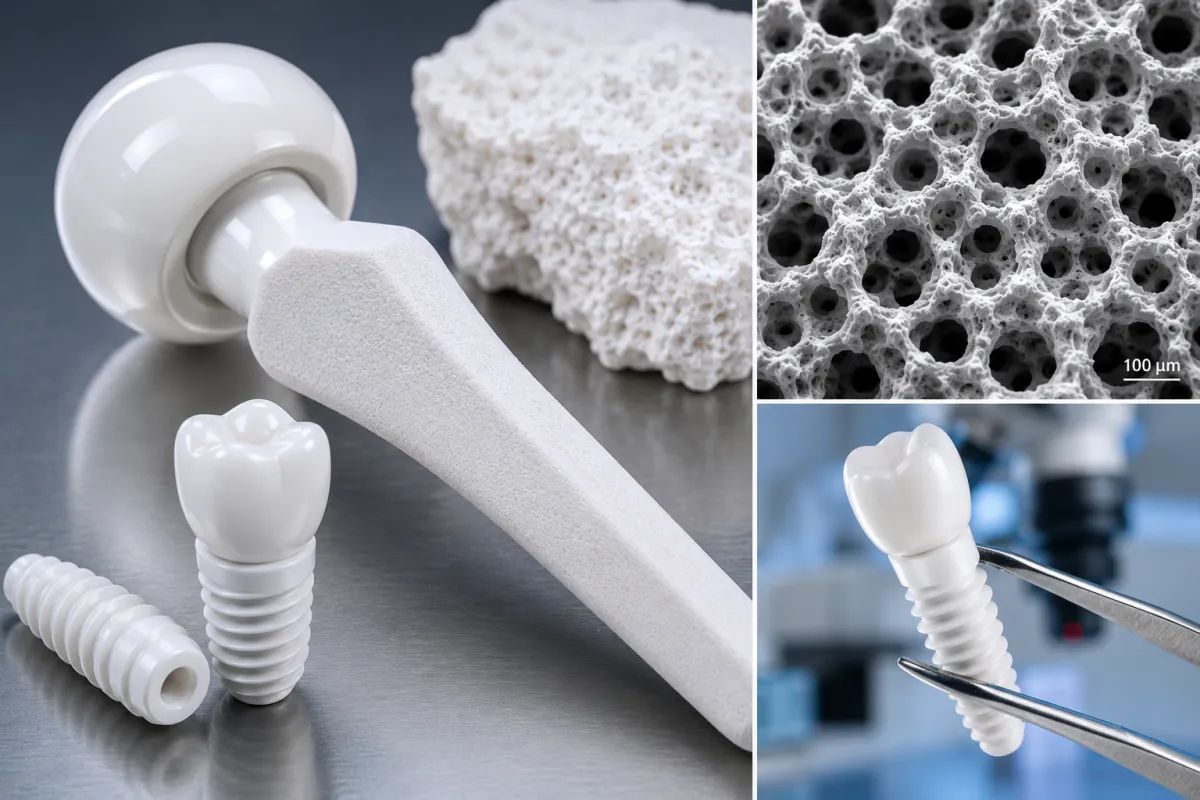 Immagine scientifica ad alta definizione che raffigura biomateriali in zirconia per applicazioni mediche avanzate. In primo piano sono visibili un impianto dentale e una componente ortopedica in ceramica bianca, affiancati da una microstruttura porosa osservata al microscopio elettronico, simbolo dell'osteointegrazione e della biocompatibilità della zirconia come materiale del futuro per implantologia e ortopedia.