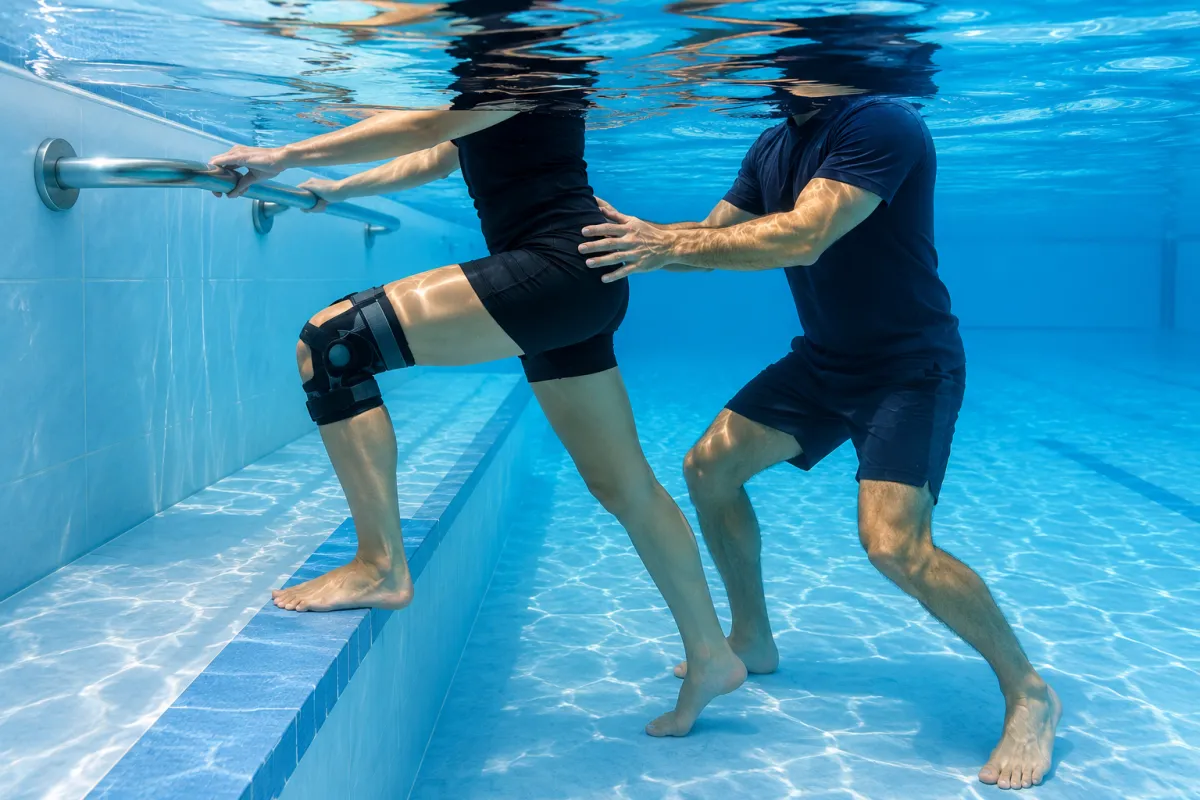 Sessione di riabilitazione funzionale del ginocchio in acqua: un paziente esegue esercizi terapeutici in piscina assistito da un fisioterapista, sfruttando la riduzione del carico articolare per favorire il recupero dopo un trattamento rigenerativo