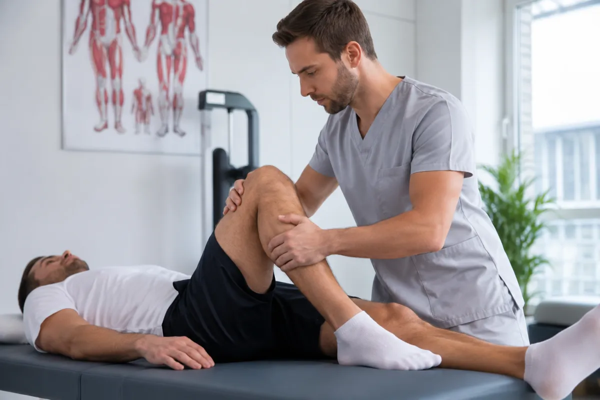 Fisioterapista esperto in riabilitazione dopo terapia rigenerativa con cellule staminali al ginocchio destro. Trattamento fisioterapico finalizzato al recupero della mobilità, della forza e della funzionalità articolare.