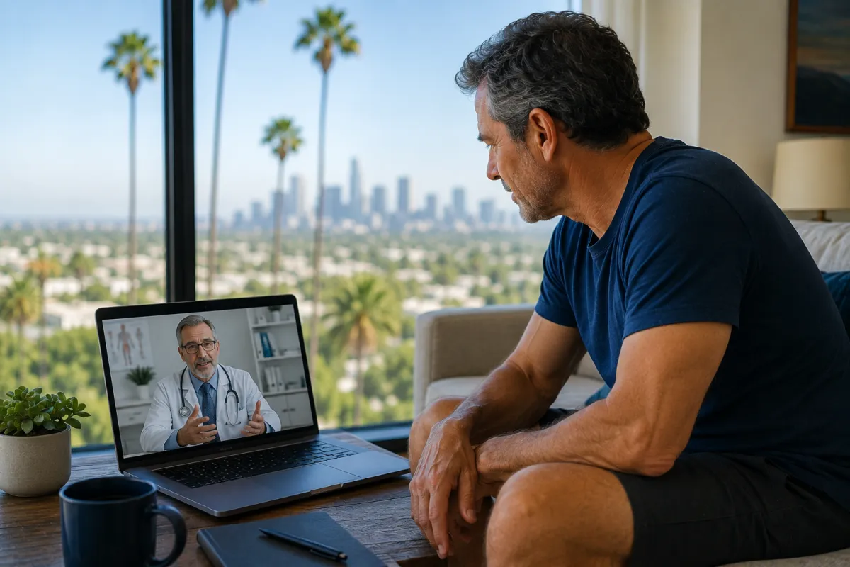 Paziente italiano residente in California durante un teleconsulto con uno specialista per una seconda valutazione del dolore cronico al ginocchio, in un moderno ambiente domestico con videoconsulenza medica.