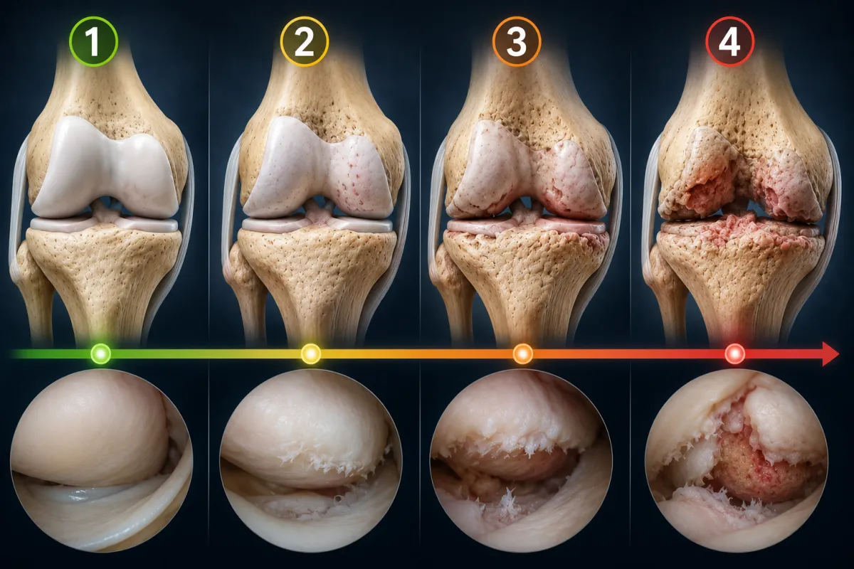 Infografica medica realistica che illustra i quattro gradi dell'artrosi del ginocchio con modelli anatomici progressivi numerati da 1 a 4 e immagini artroscopiche corrispondenti, mostrando l'evoluzione dalla cartilagine integra alla grave usura articolare con esposizione dell'osso subcondrale.