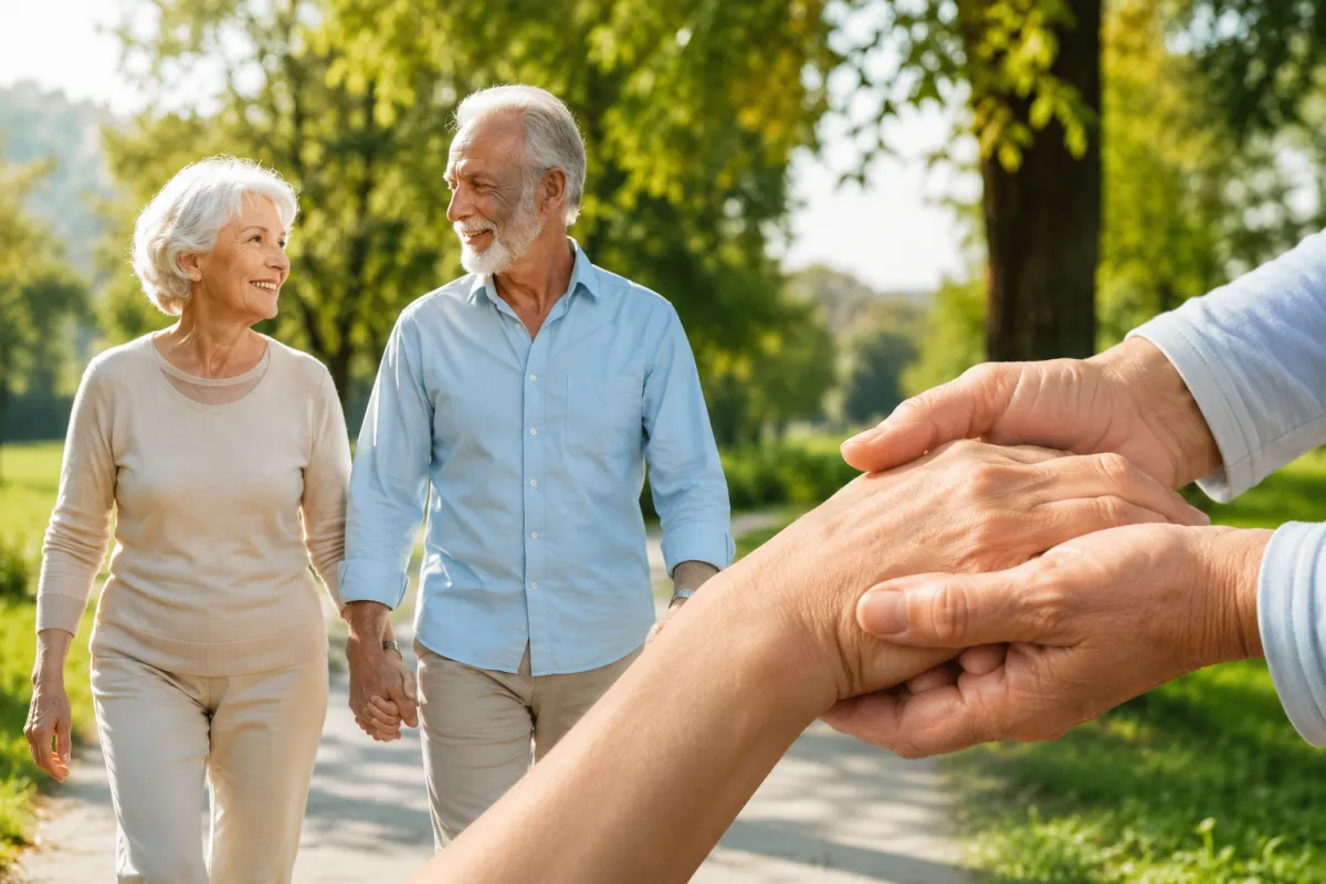 Coppia di anziani che cammina mano nella mano in un parco soleggiato, con un primo piano di mani che si sostengono. L'immagine rappresenta la prevenzione dell'osteoporosi, la salute delle ossa, la riduzione del rischio di fratture e la longevità attiva attraverso movimento e autonomia.