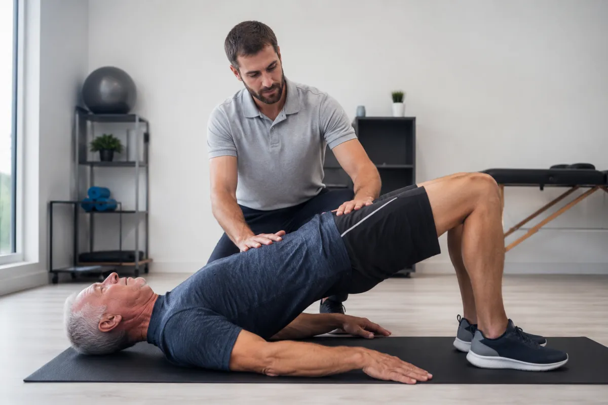 Fisioterapista che guida un uomo over 50 durante un esercizio di ponte (bridge) per il recupero della colonna vertebrale dopo terapia rigenerativa, in un moderno centro di riabilitazione. Concetto di recupero funzionale, stabilità del core e riduzione del dolore lombare."