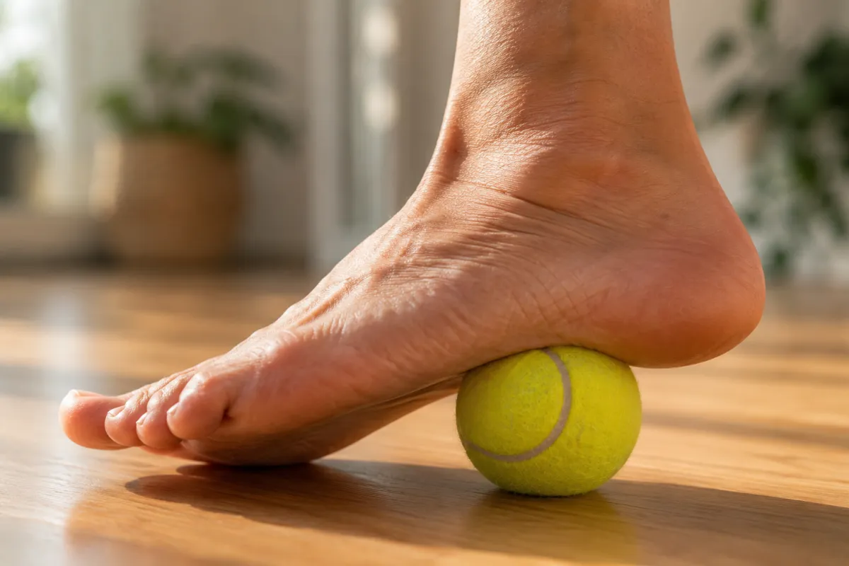 Primo piano realistico del piede di un adulto over 50 che fa scorrere una pallina da tennis sotto l'arco plantare su un pavimento in legno. Esercizio di automassaggio miofasciale per migliorare la postura, ridurre il dolore al piede e favorire un cammino più fluido.