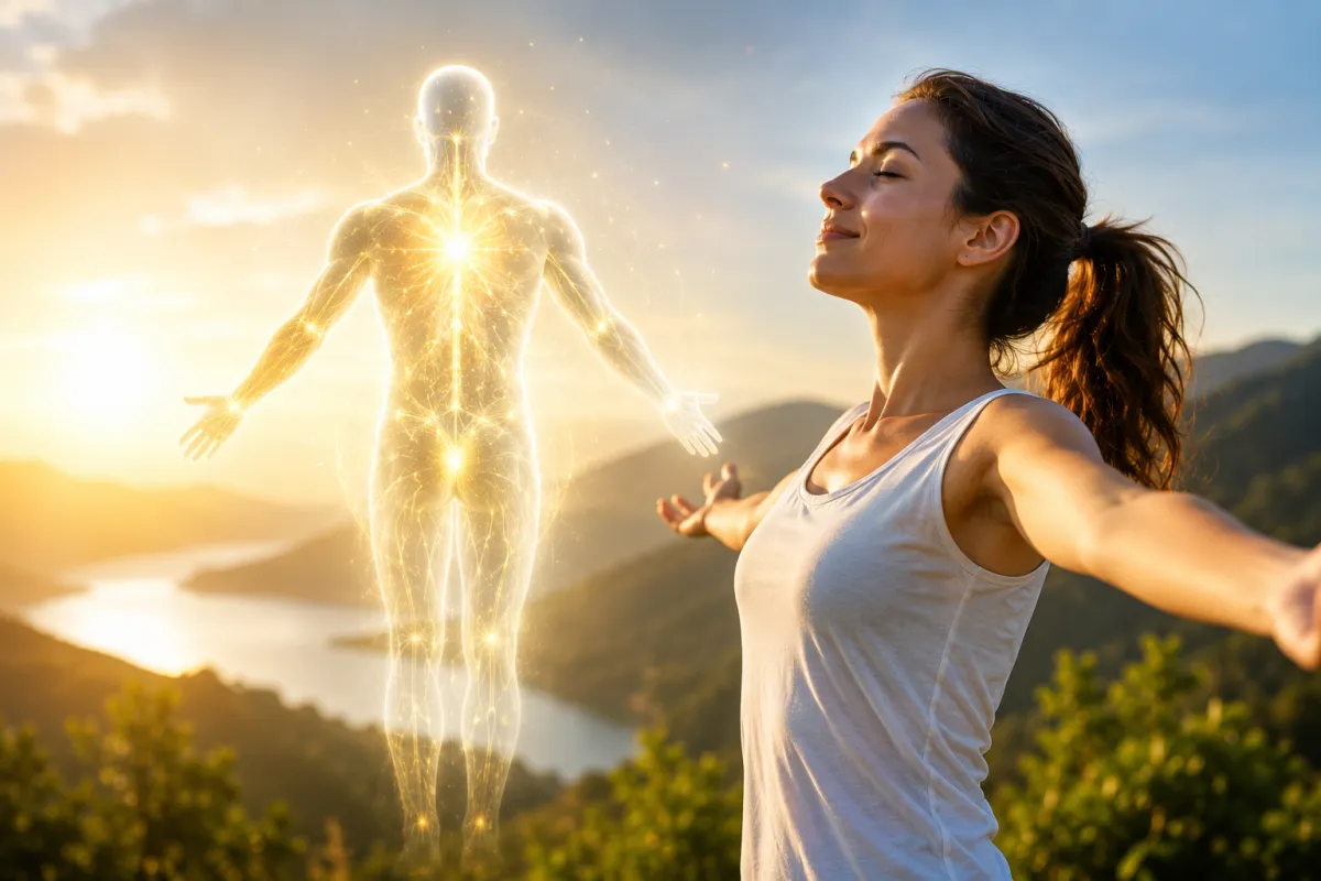 Donna adulta con gli occhi chiusi e le braccia aperte immersa nella luce del tramonto, accanto a una silhouette luminosa che simboleggia la capacità di rigenerazione del corpo umano. Immagine evocativa della Medicina Rigenerativa, del benessere e dei naturali processi di guarigione.