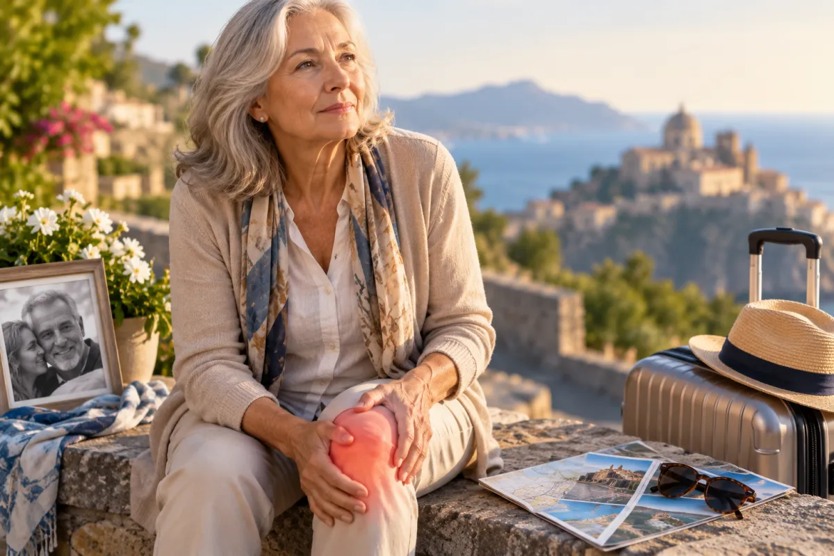 Donna over 60 con dolore al ginocchio, seduta accanto a una valigia e al ricordo del compagno, mentre guarda una meta di viaggio, simbolo della voglia di continuare a vivere e viaggiare nonostante l’artrosi.