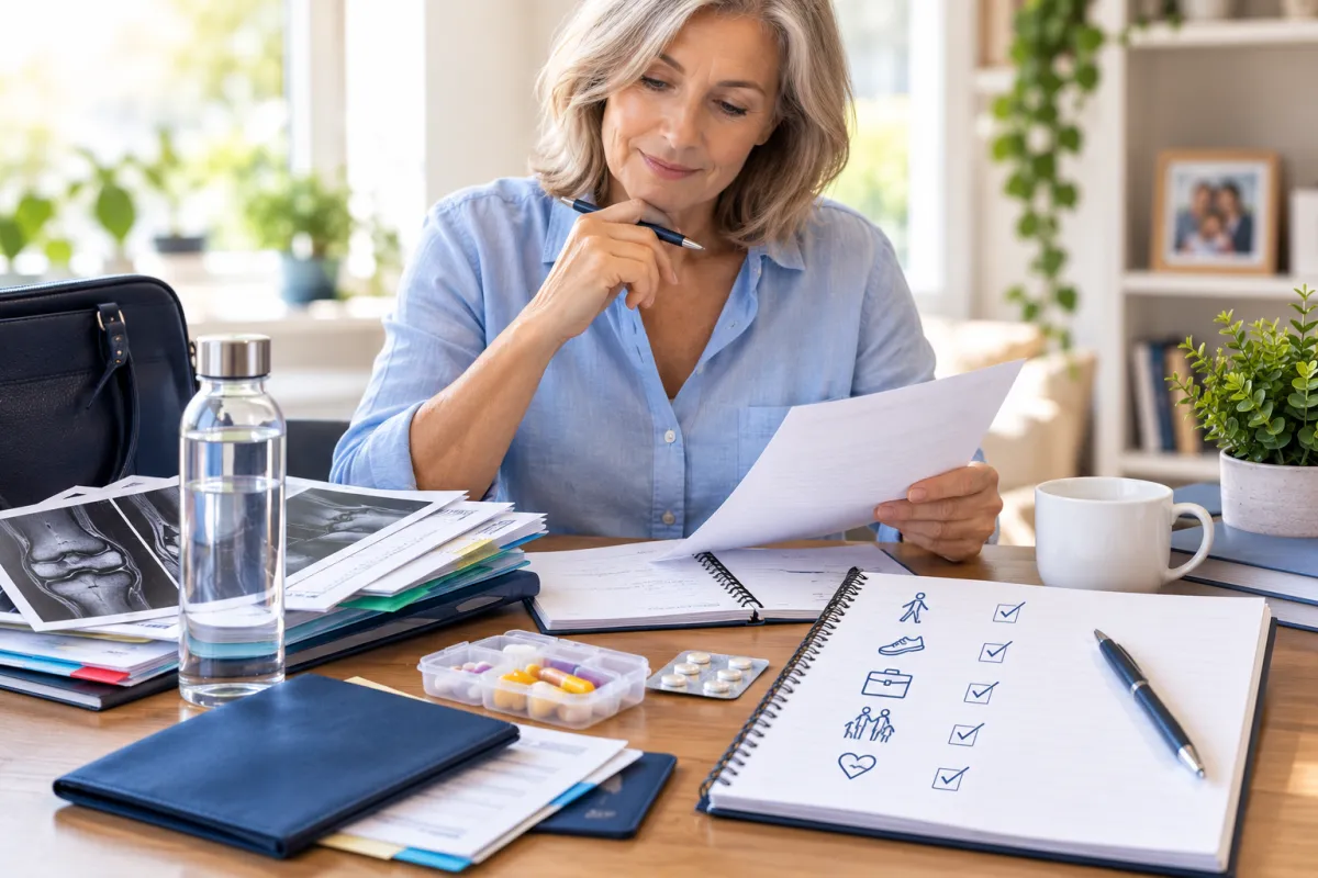 Paziente che si prepara alla visita di Medicina Rigenerativa organizzando risonanze, referti, farmaci e appunti sui sintomi, sulla storia clinica e sulle attività quotidiane.