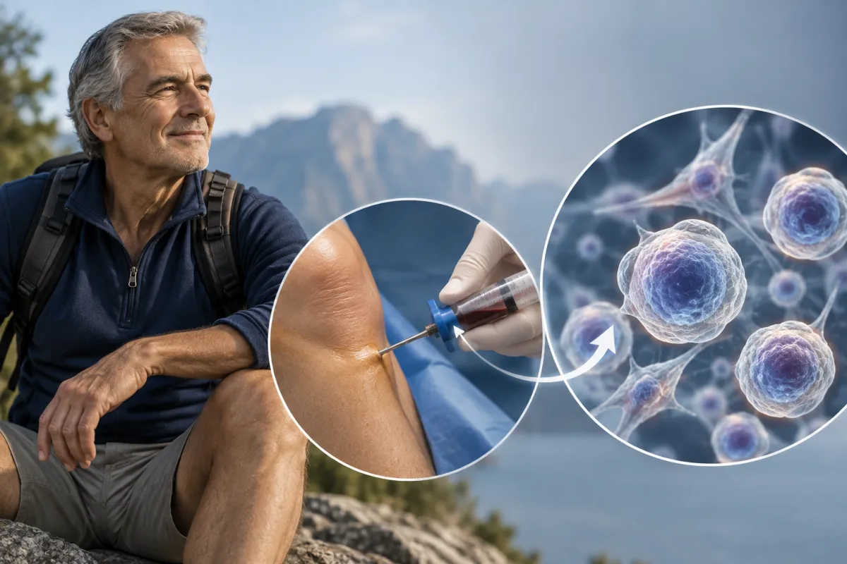 Uomo over 60 attivo accanto alla rappresentazione del prelievo di midollo osseo dalla tibia prossimale e delle cellule del concentrato midollare utilizzato nella medicina rigenerativa dell’artrosi del ginocchio.