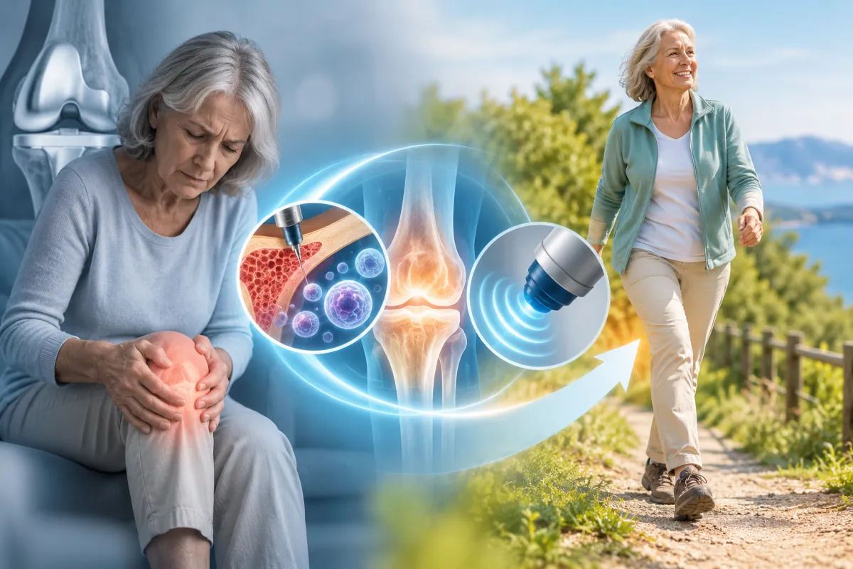 Donna over 60 con artrosi e dolore al ginocchio, affiancata dalla rappresentazione di TibiaSTEM e onde d’urto focali, mentre torna a camminare, come possibile percorso rigenerativo da valutare prima della protesi.