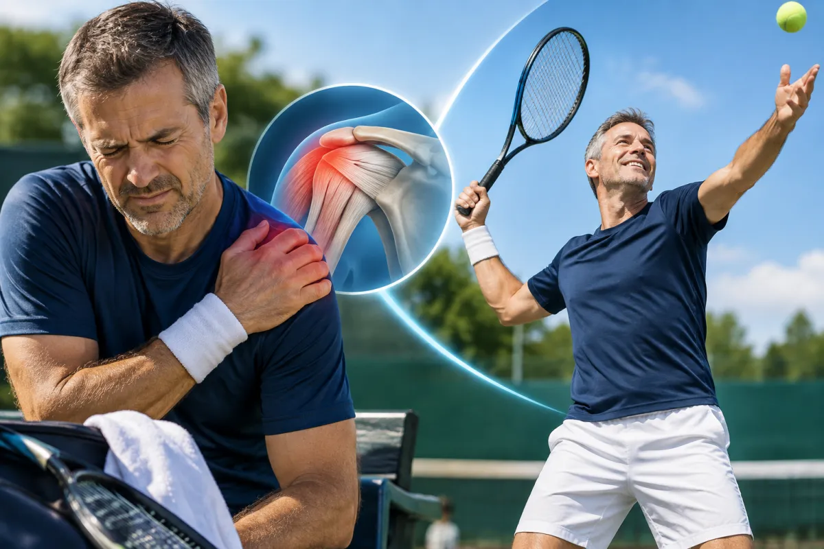 Tennista over 50 con dolore alla spalla e lesione del sovraspinato, affiancato dalla rappresentazione anatomica della cuffia dei rotatori e dal ritorno in campo durante il servizio.