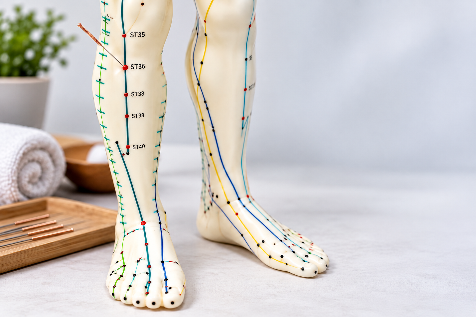 Modello anatomico della gamba con meridiani di agopuntura e ago posizionato sul punto Zusanli ST36, utilizzato nell’agopuntura antalgica come parte di un approccio integrato alle patologie del ginocchio.