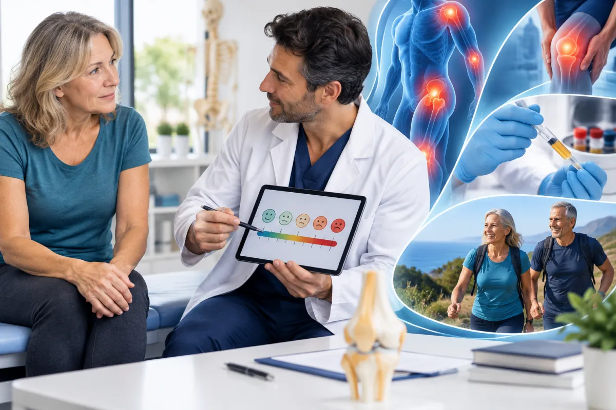 Donna over 60 durante una valutazione specialistica del dolore con scala visiva, affiancata da rappresentazione delle articolazioni dolorose, terapia rigenerativa e ritorno a una vita attiva.