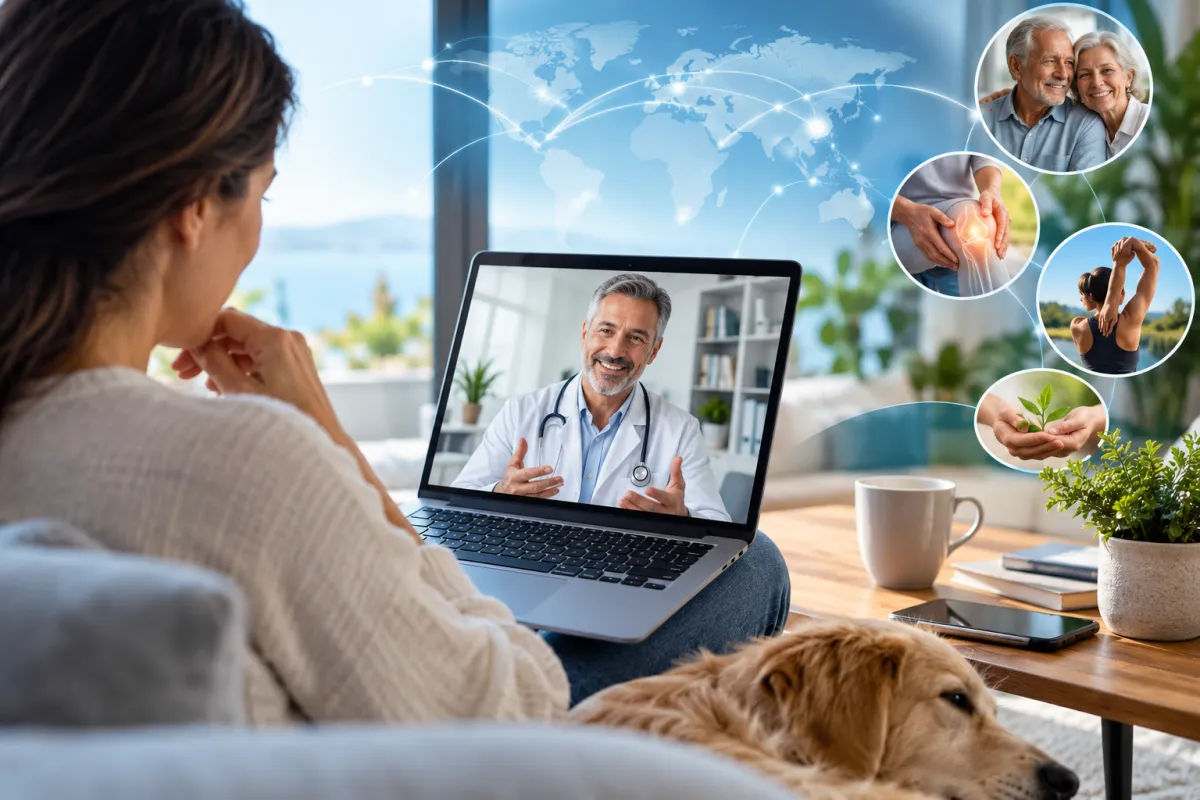 Donna durante una visita in Telemedicina con un medico specialista tramite laptop, con mappa del mondo e connessioni digitali sullo sfondo, simbolo di una medicina senza distanze e del medico di fiducia sempre vicino.