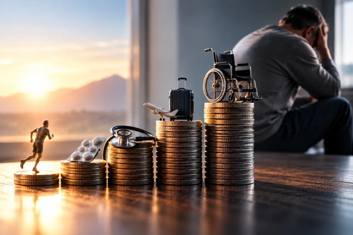 Uomo preoccupato accanto a pile crescenti di monete con farmaci, stetoscopio, viaggio e sedia a rotelle, simbolo del costo economico e umano della malattia.