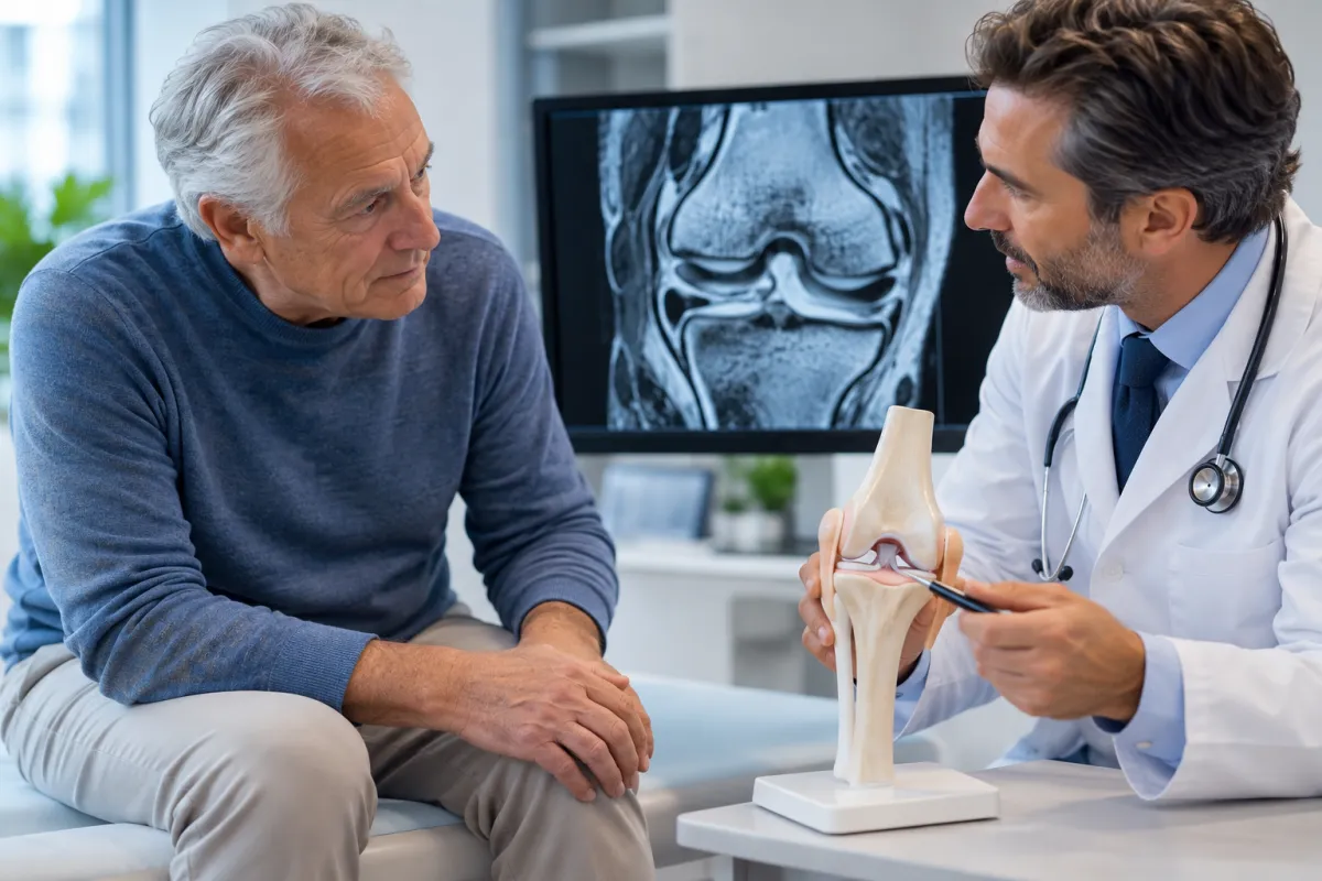 Medico illustra a un paziente anziano una lesione del menisco su modello anatomico del ginocchio, con risonanza magnetica sullo sfondo, durante una valutazione clinica.
