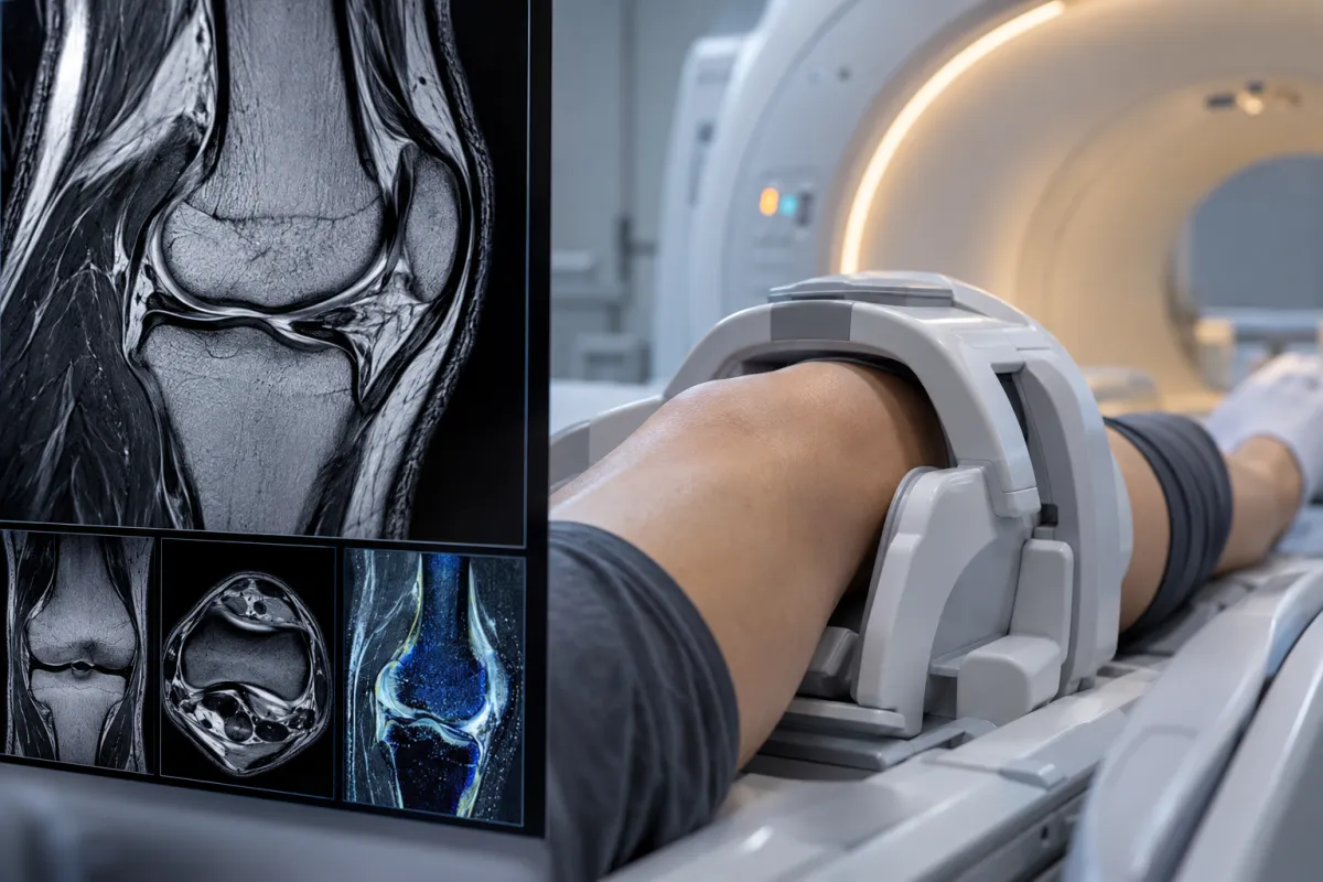 Risonanza magnetica del ginocchio con bobina dedicata e immagini RM multiplanari per valutare cartilagine, menischi, osso subcondrale e strutture articolari.