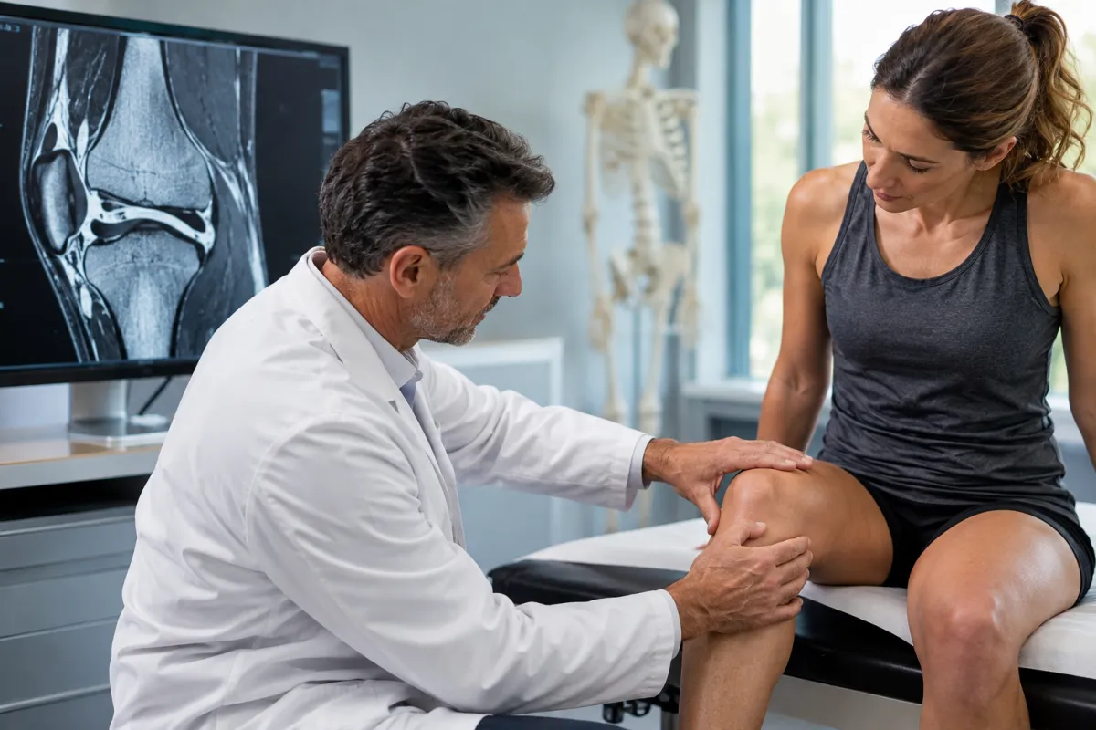 Medico specialista valuta il ginocchio di una paziente con risonanza magnetica, per identificare il candidato ideale alla terapia rigenerativa articolare.