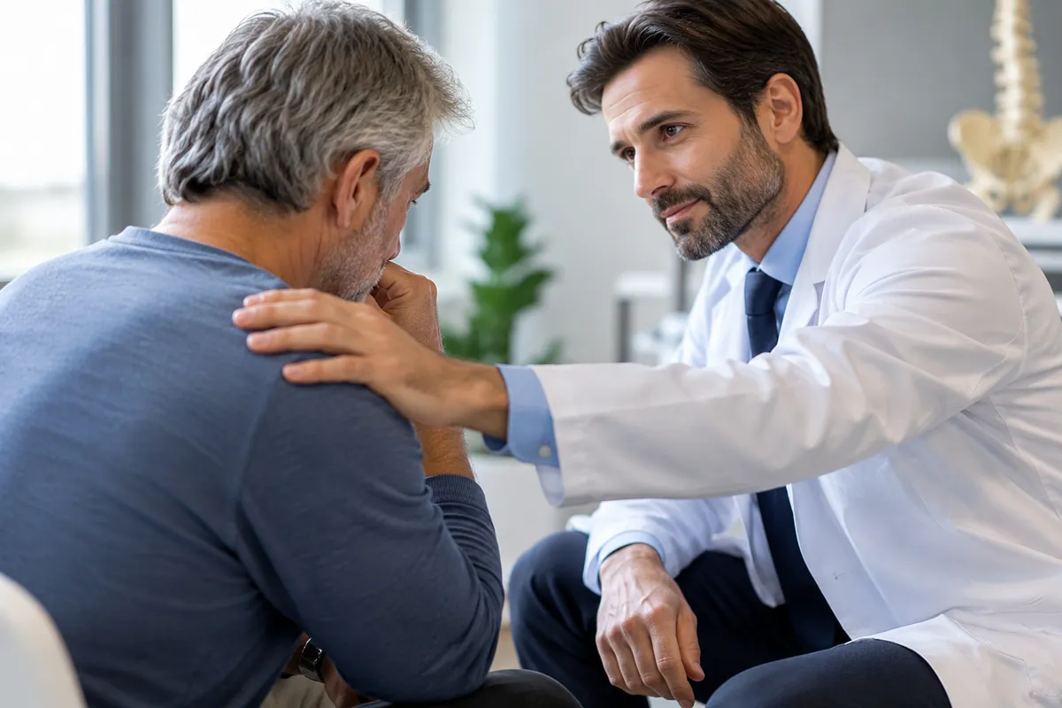 Medico durante un colloquio con un paziente scoraggiato, simbolo del passaggio da un atteggiamento passivo alla partecipazione attiva e responsabile nel percorso di cura.
