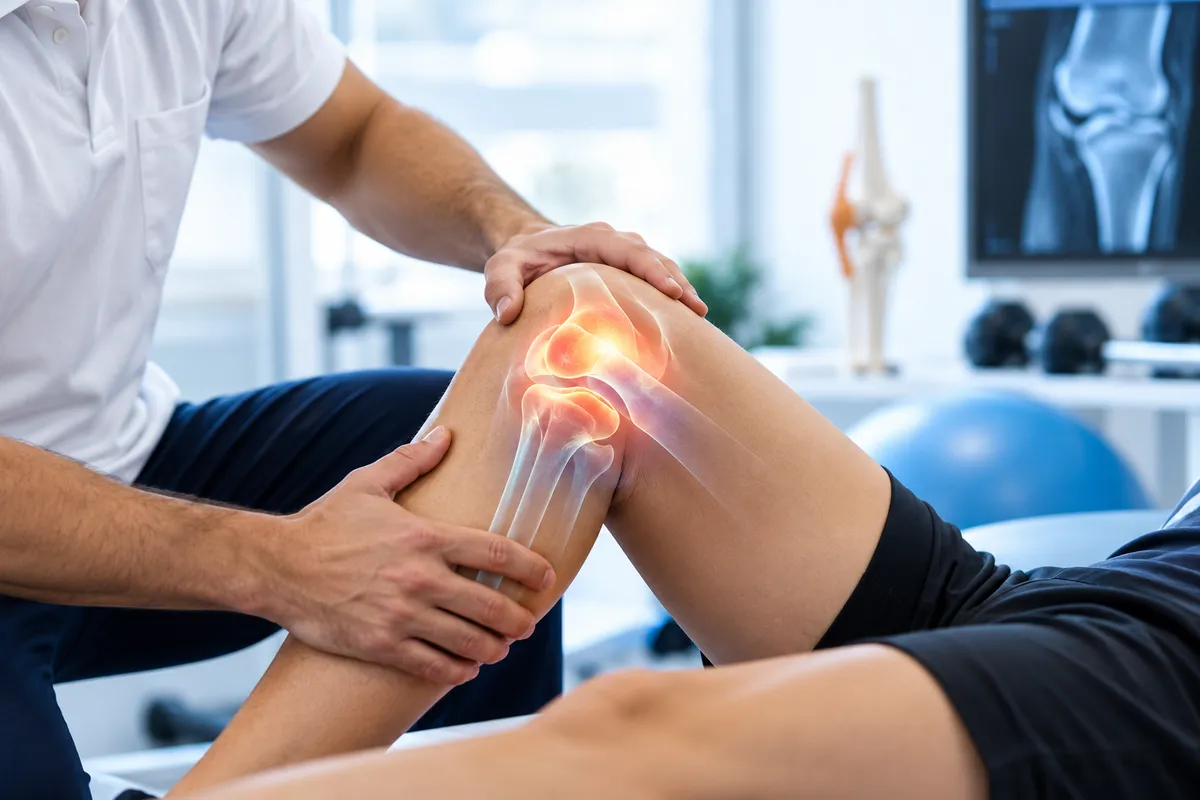 Fisioterapista esperto in riabilitazione dopo terapia rigenerativa con cellule staminali al ginocchio destro. Trattamento fisioterapico finalizzato al recupero della mobilità, della forza e della funzionalità articolare.