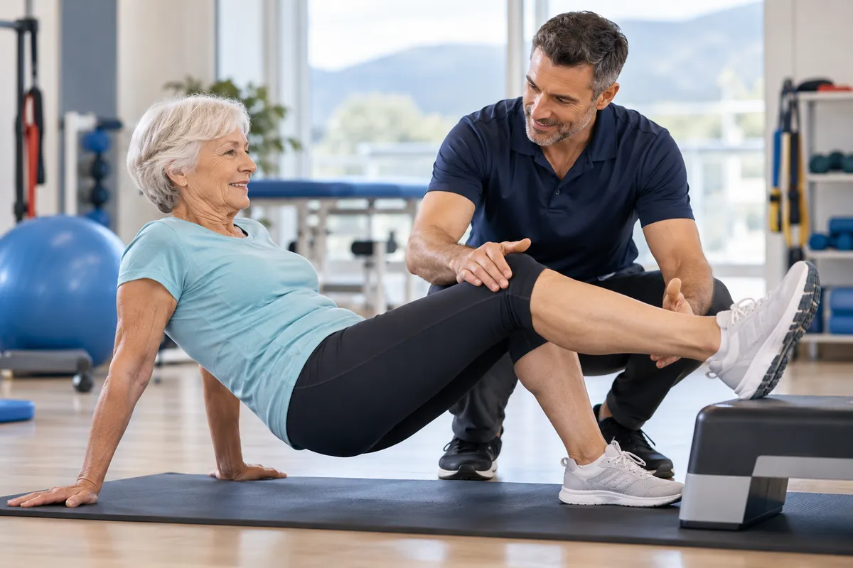 Coach di attività fisica guida una paziente anziana negli esercizi di ginnastica terapeutica per il recupero funzionale del ginocchio dopo terapia rigenerativa.