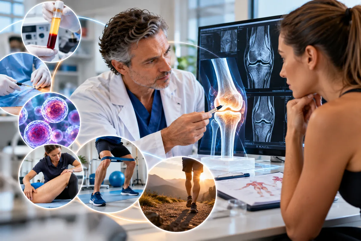 Piano rigenerativo personalizzato con valutazione specialistica del ginocchio, terapia rigenerativa, PRP, cellule staminali, riabilitazione e recupero funzionale.