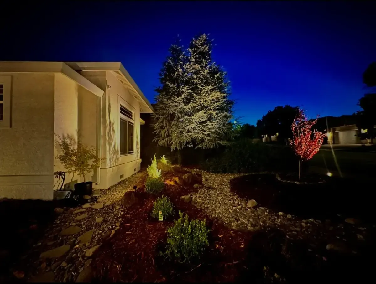 Front yard landscape lighting in Redding CA with illuminated trees, rock ground cover, mulch beds, and drought-tolerant planting by Outdoor Artisans