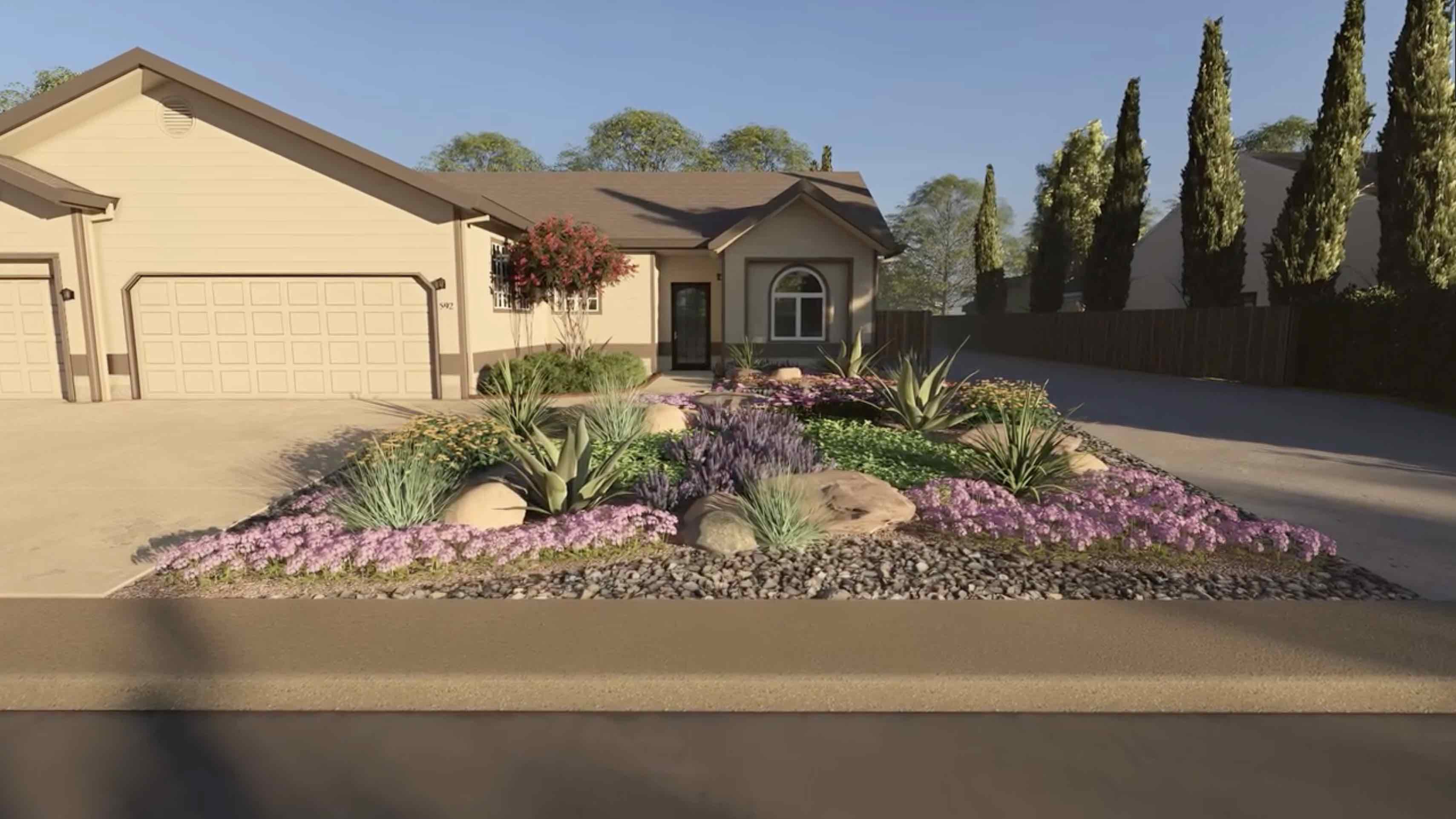 3D front yard landscape design rendering in Redding CA with rock landscape design, drought-tolerant planting, boulders, and curb appeal layout by Outdoor Artisans