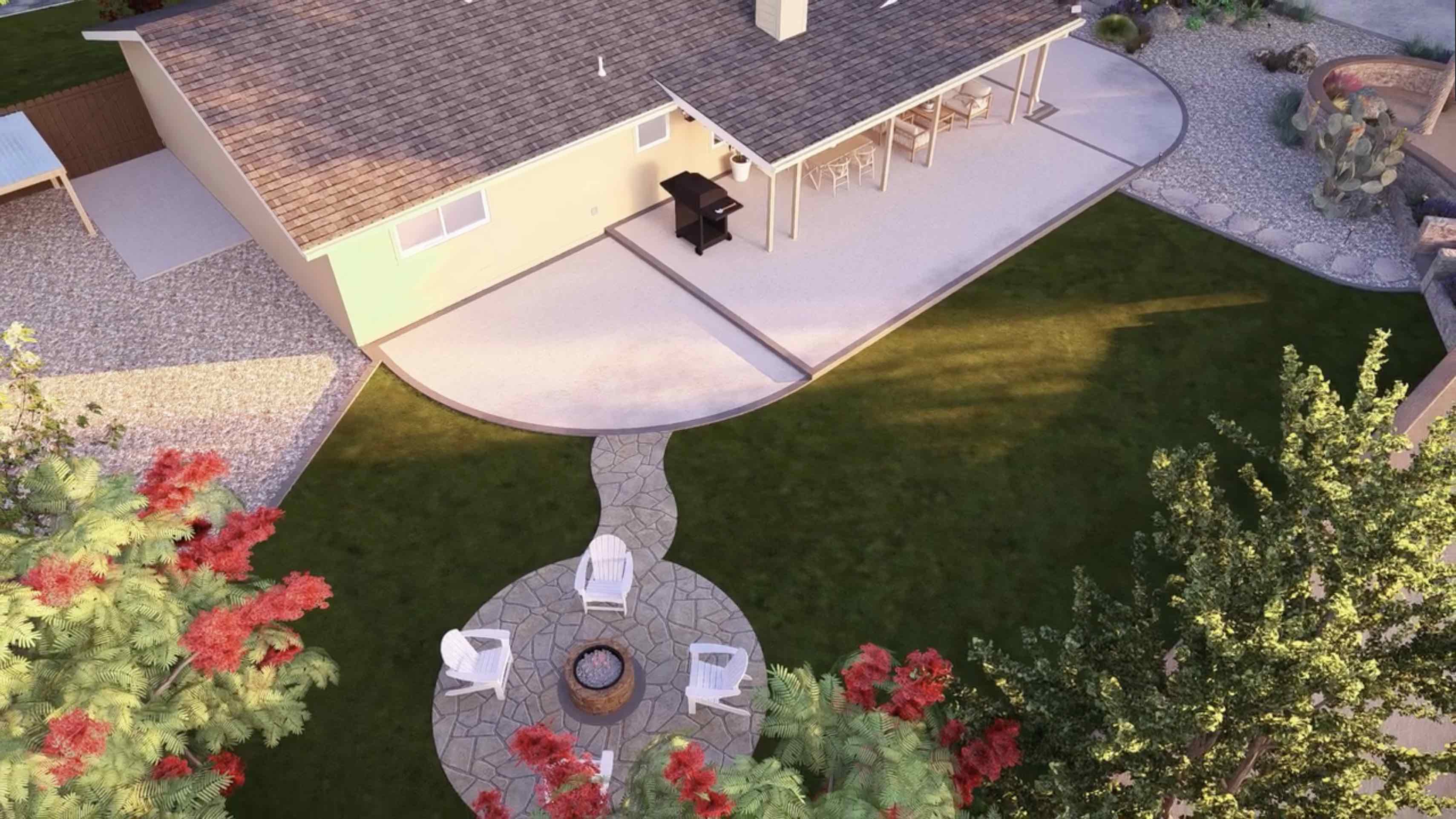3D backyard landscape design rendering in Redding CA with covered patio, lawn layout, curved walkway, and circular fire pit seating area by Outdoor Artisans