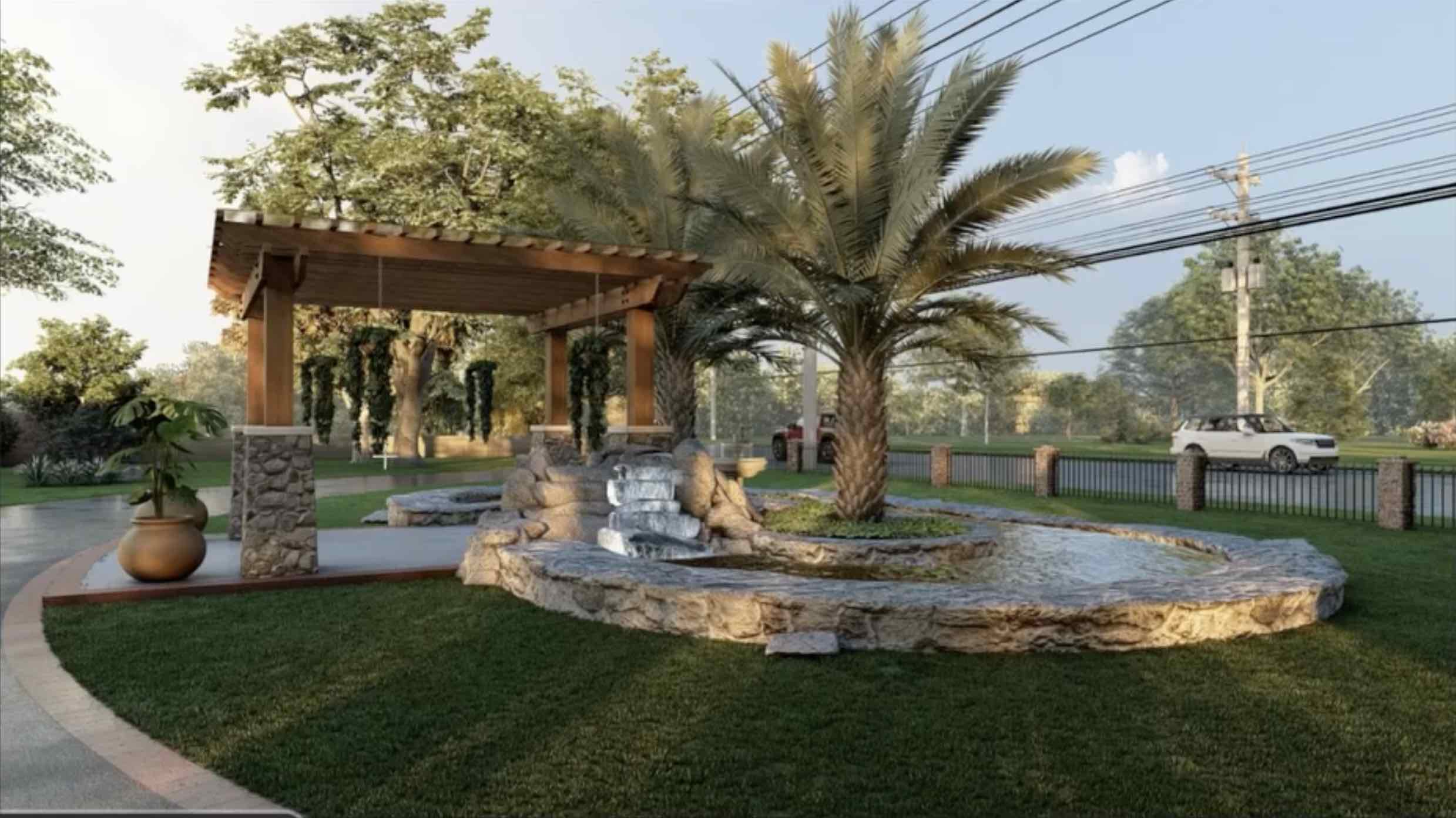 3D landscape design rendering in Redding CA with pergola, rock water feature, pond layout, palm planting, and custom outdoor living design by Outdoor Artisans