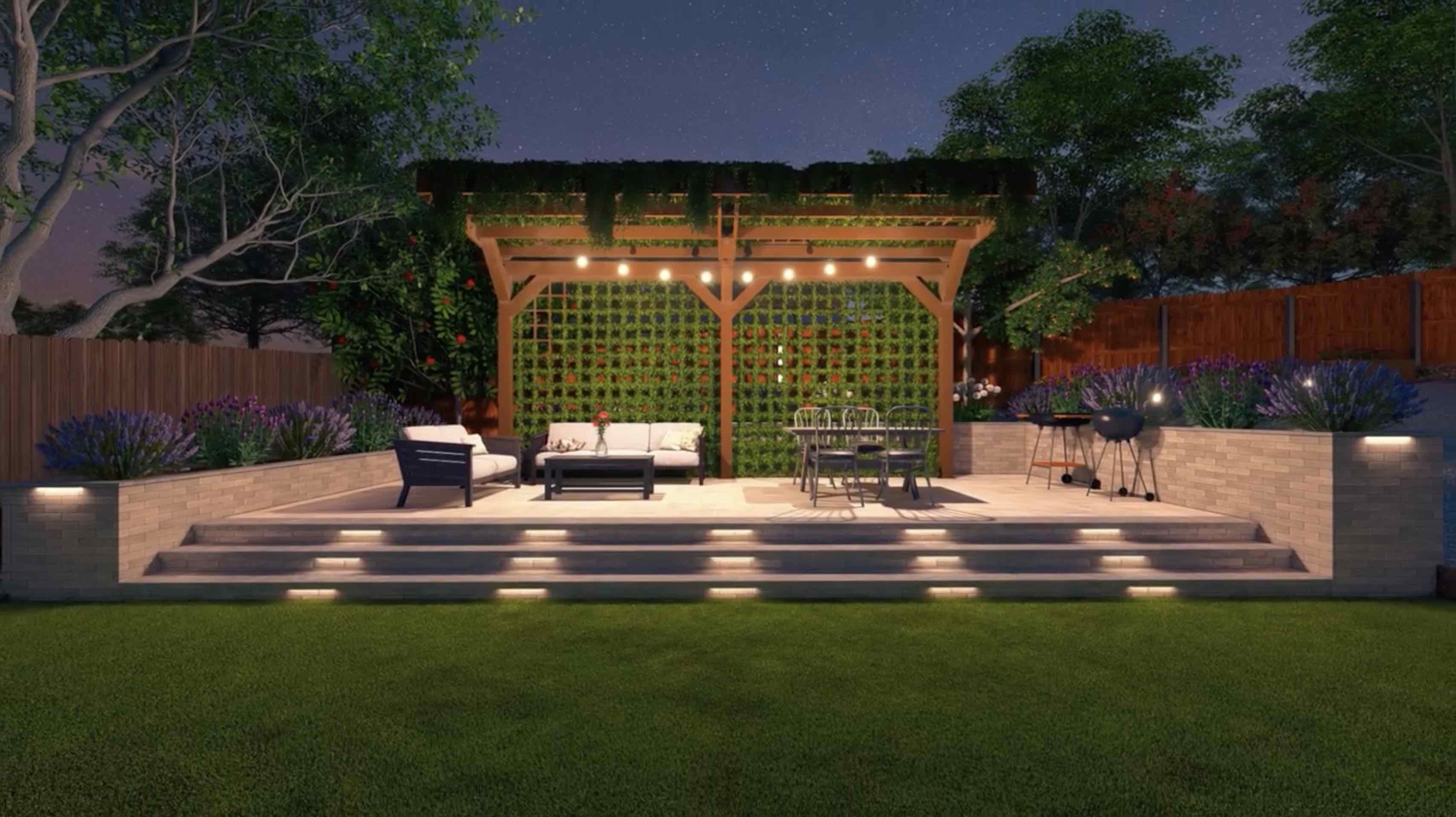 3D backyard landscape design rendering in Redding CA with pergola, outdoor lighting, raised planters, seating area, steps, and custom outdoor living layout by Outdoor Artisans