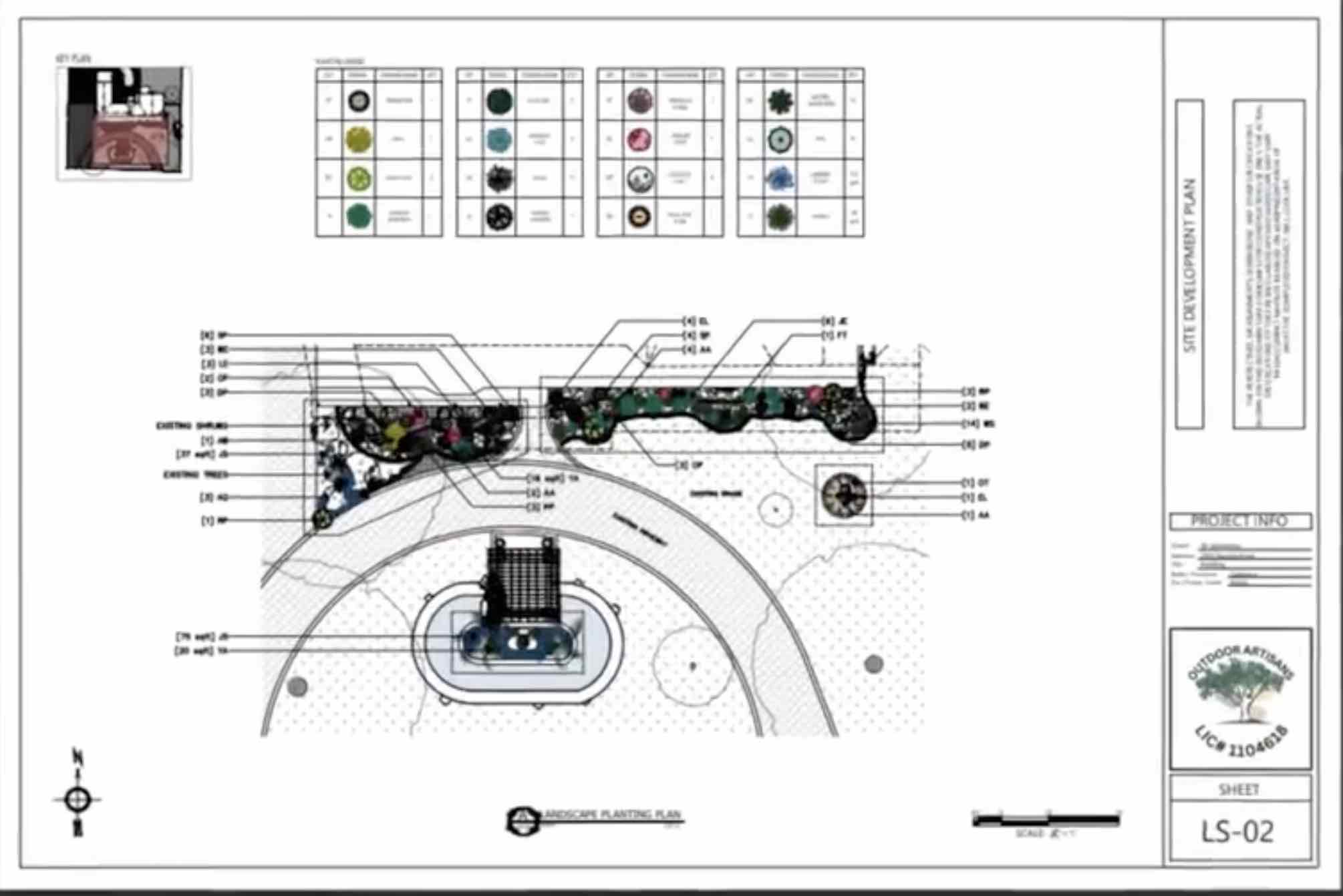 Landscape design site development plan in Redding CA showing planting layout, material legend, and front yard landscape plan by Outdoor Artisans