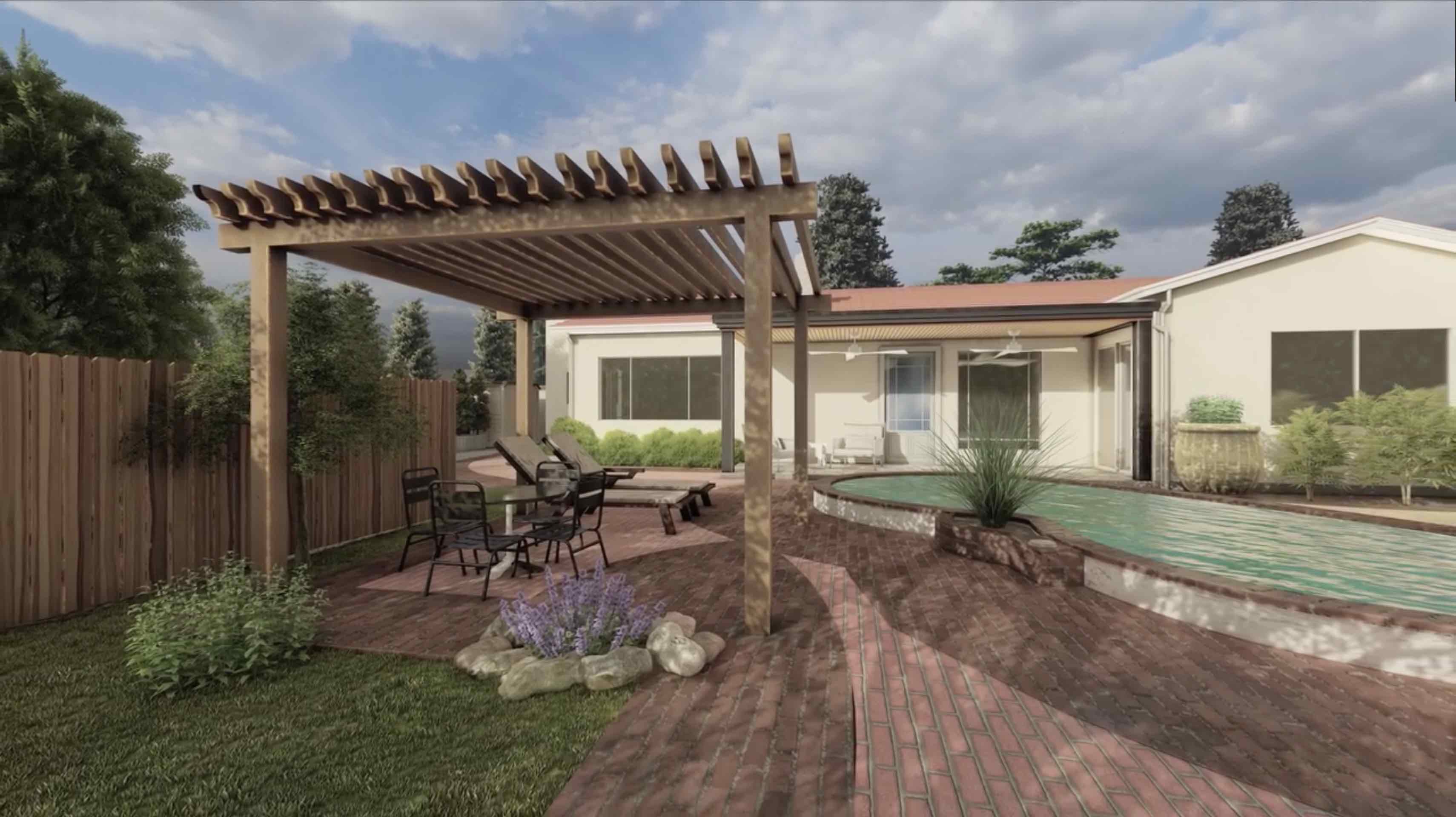 3D backyard landscape design rendering in Redding CA with pergola, patio layout, poolside hardscape, planting areas, and outdoor living design by Outdoor Artisans