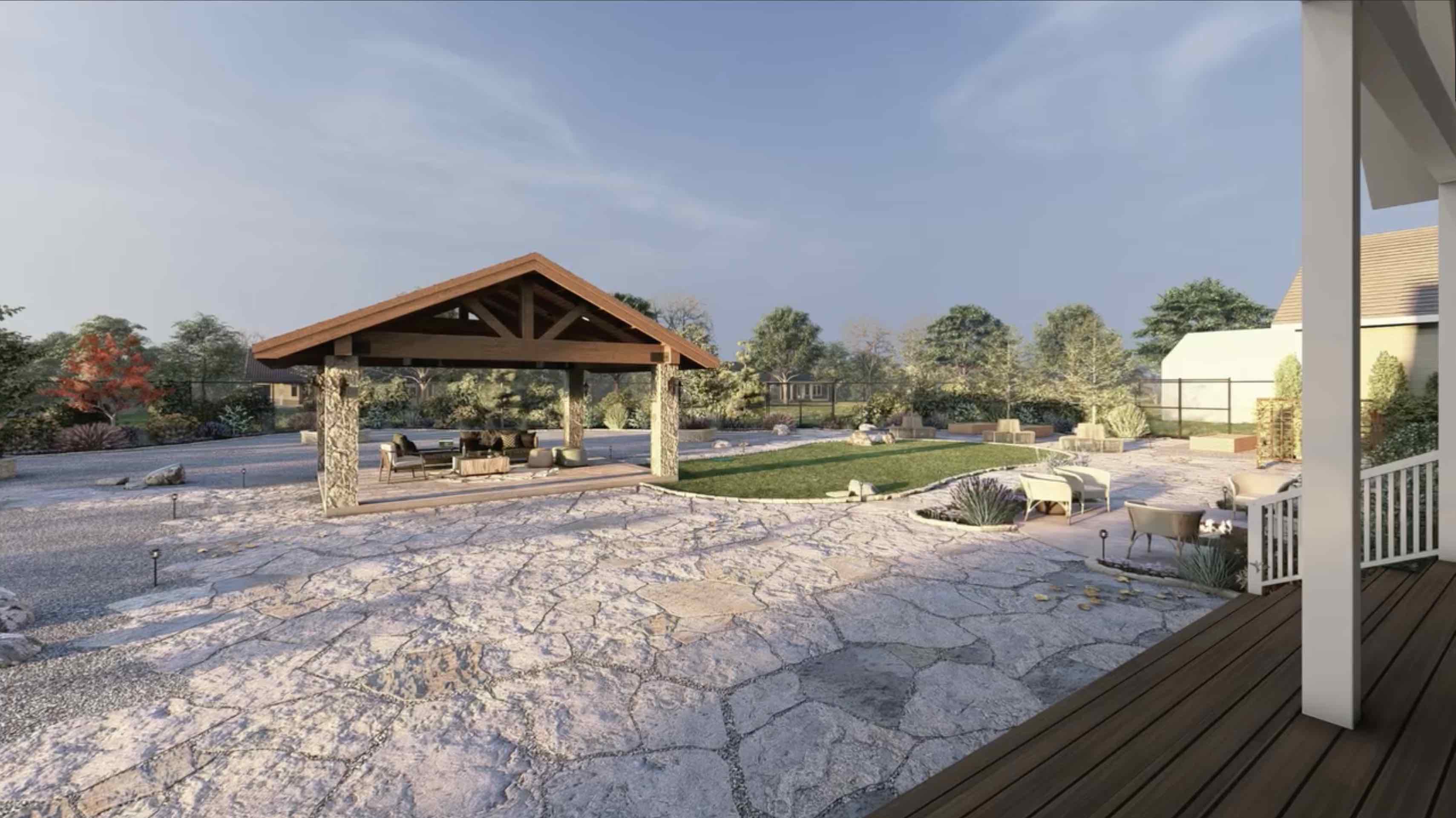 3D backyard landscape design rendering in Redding CA with pavilion, flagstone patio layout, lawn area, planting design, and outdoor living space by Outdoor Artisans