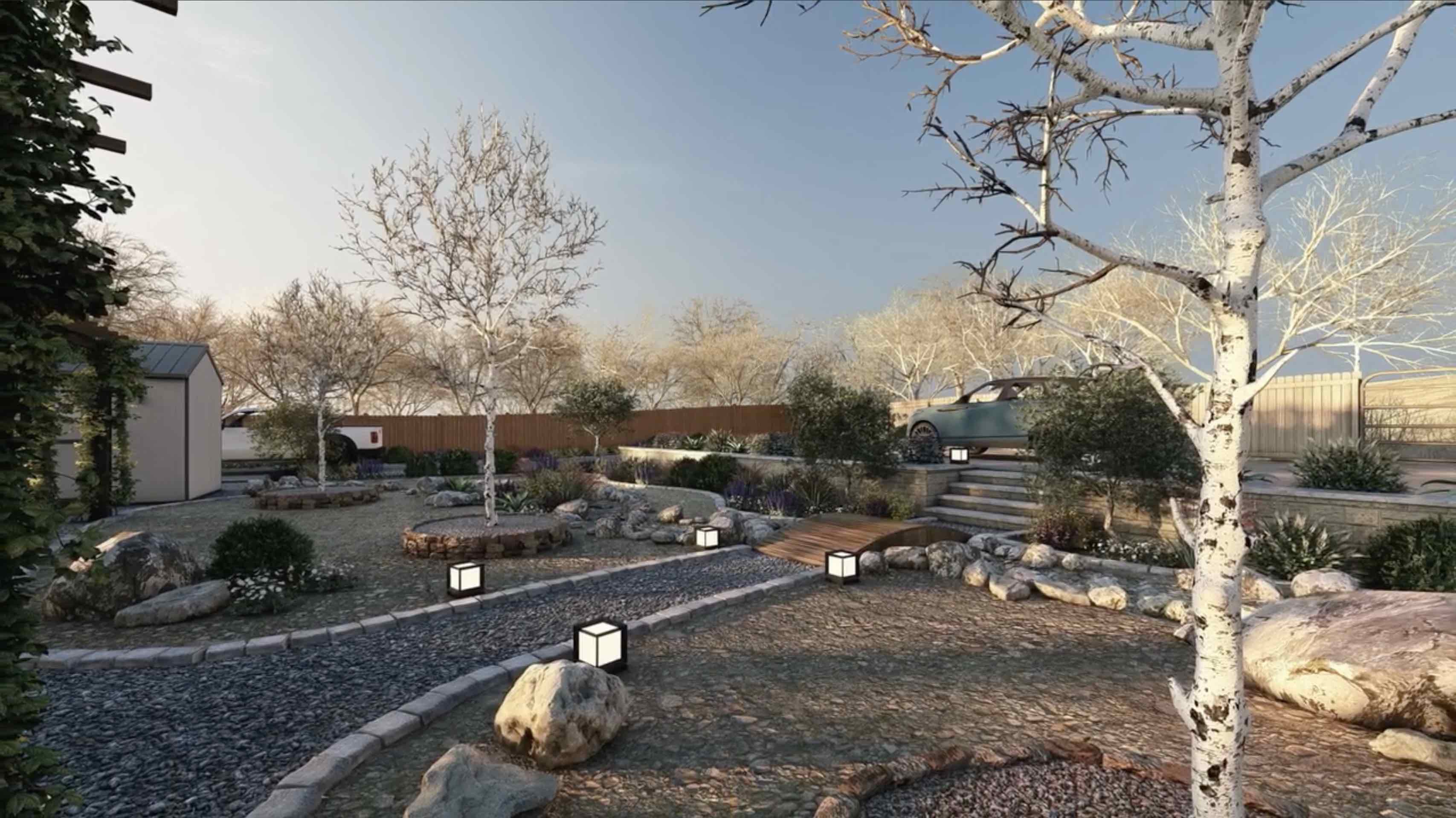 3D front yard landscape design rendering in Redding CA with rock landscape design, pathway lighting, natural boulders, steps, and drought-tolerant planting by Outdoor Artisans