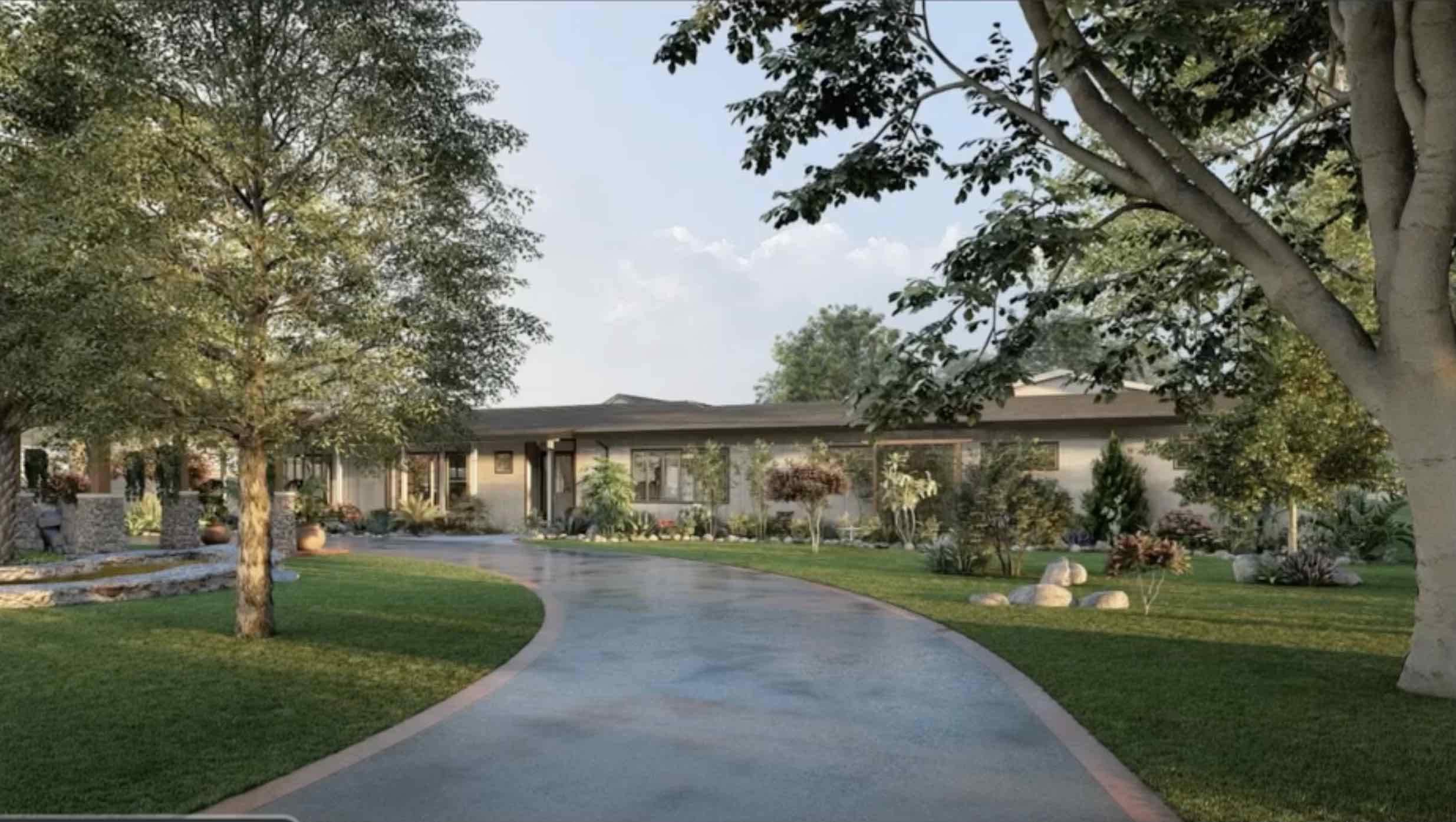 3D front yard landscape design rendering in Redding CA with curved driveway approach, lawn areas, planting layout, and custom entry landscape planning by Outdoor Artisans