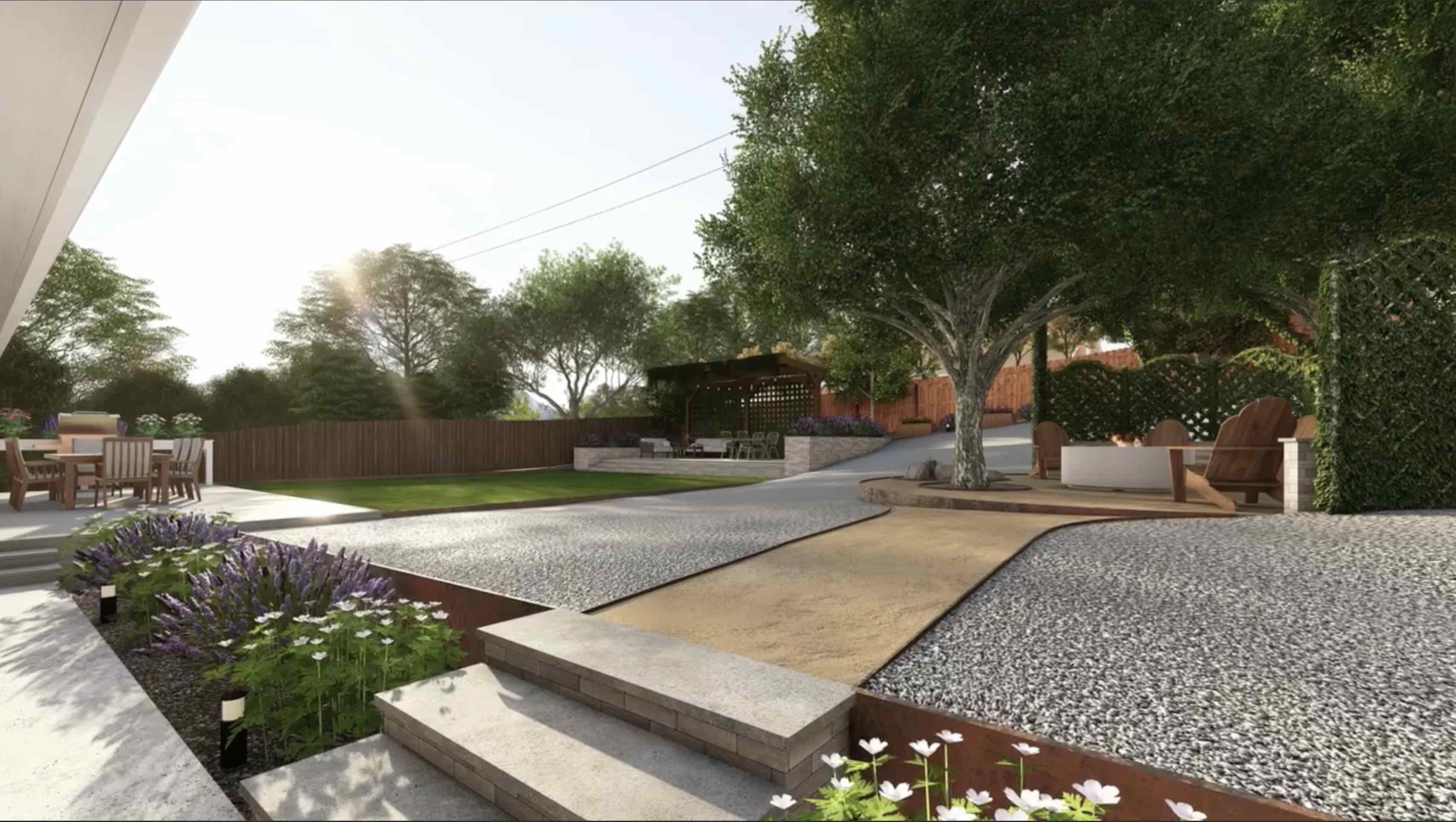3D backyard landscape design rendering in Redding CA with walkway layout, gravel ground cover, lawn area, planting beds, seating zones, and outdoor living design by Outdoor Artisans