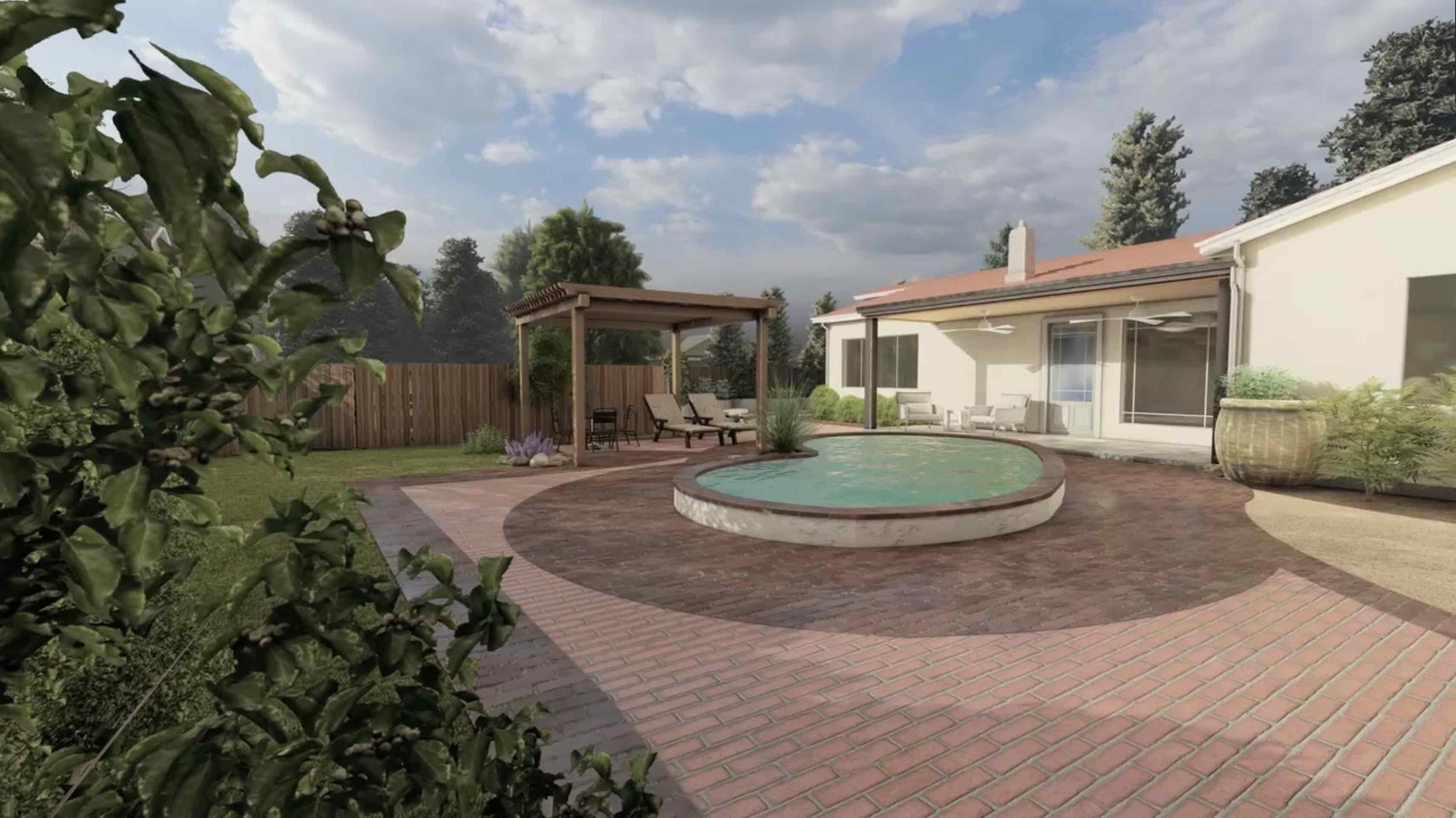 3D backyard landscape design rendering in Redding CA with pool patio layout, pergola seating area, curved hardscape, lawn area, and planting design by Outdoor Artisans