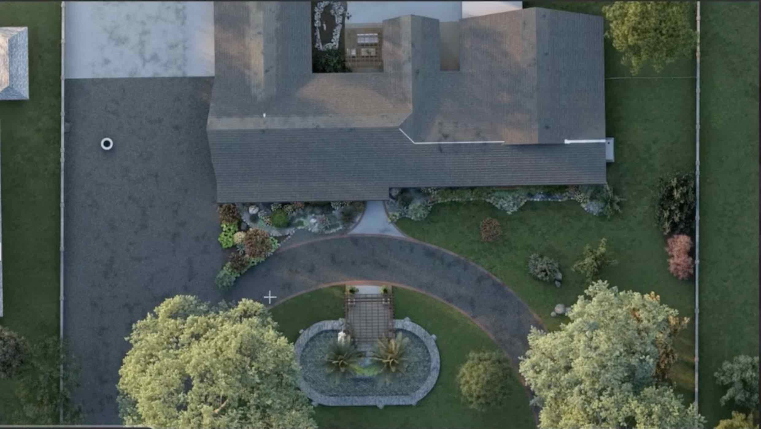 3D front yard landscape design site layout rendering in Redding CA with curved driveway approach, planting zones, lawn areas, and entry focal point by Outdoor Artisans
