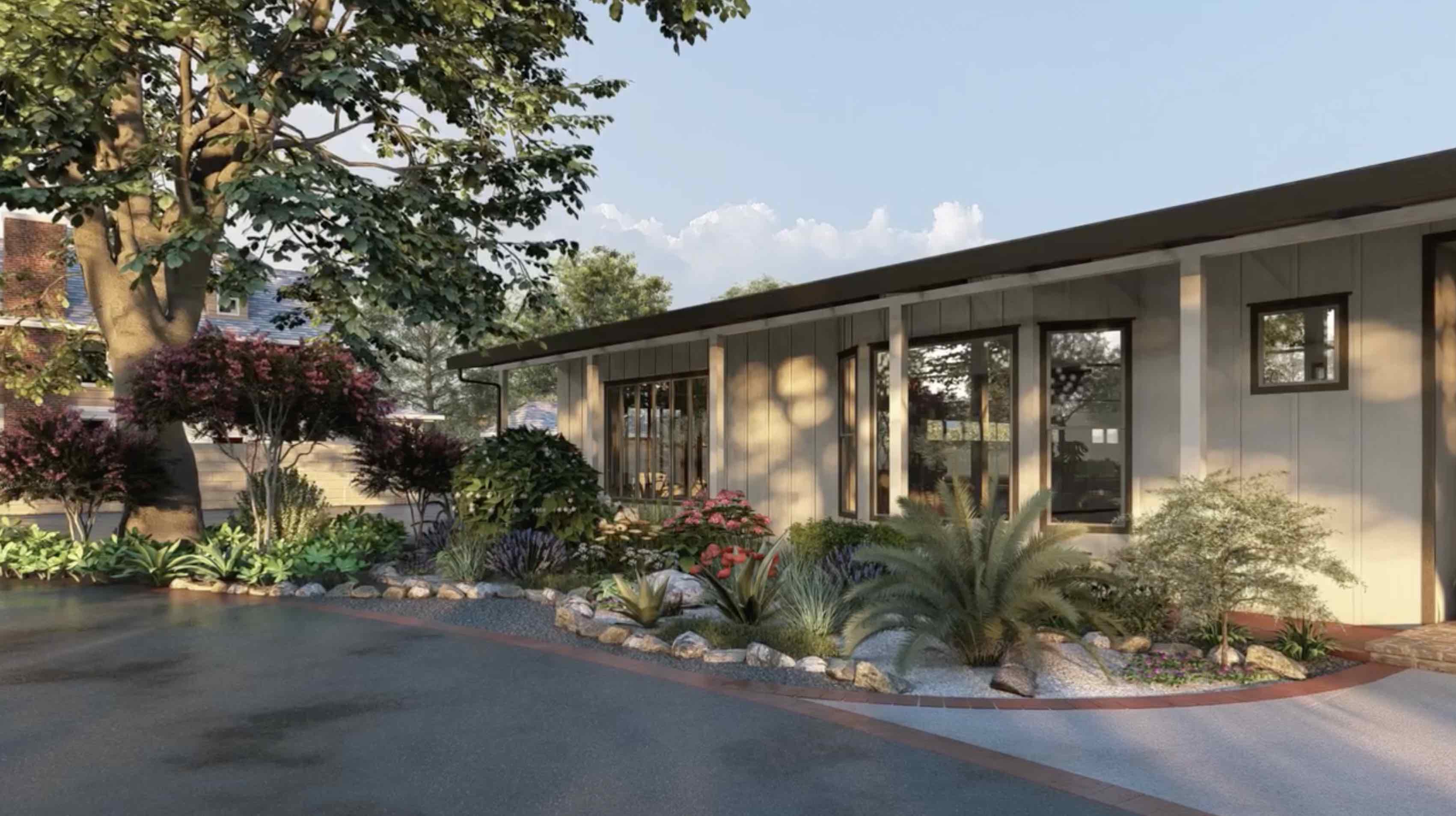 3D front yard landscape design rendering in Redding CA with planting layout, rock landscape design, curved bed borders, and entry landscape planning by Outdoor Artisans