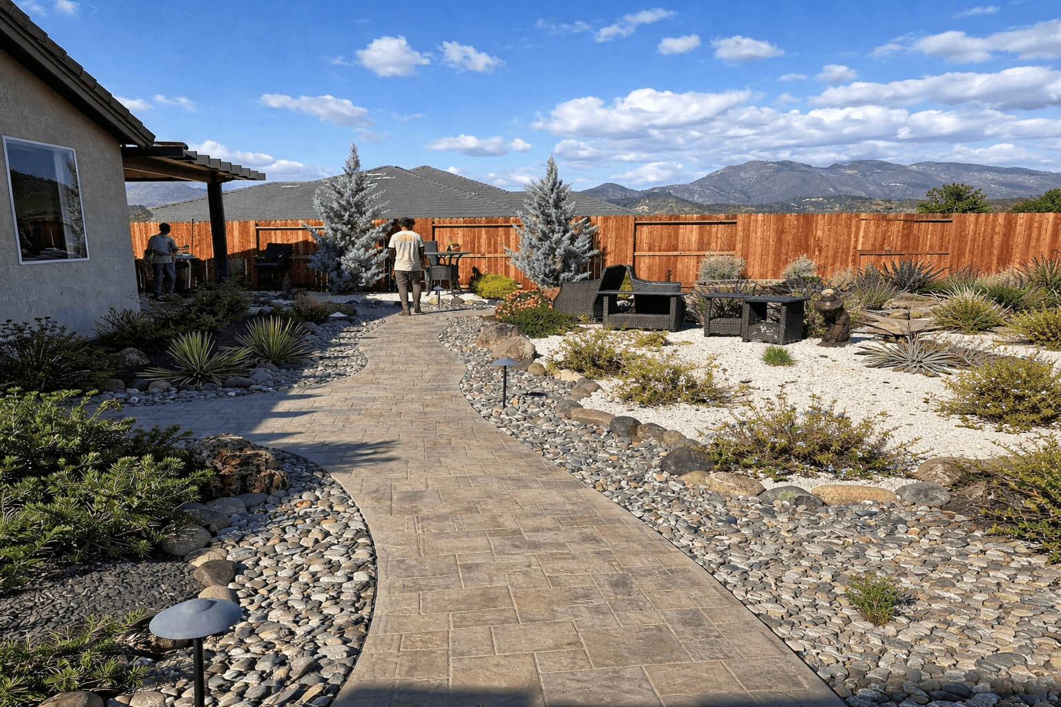 Outdoor Artisans landscaping project in Redding CA — backyard paver patio with desert planting and mountain views