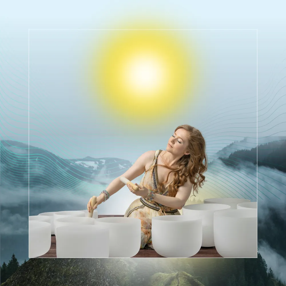 Charleene Closshey playing crystal singing bowls in a mountain landscape — Summer Solstice Sound Healing Event