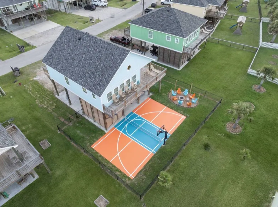 Pickle Beach from above, with its court